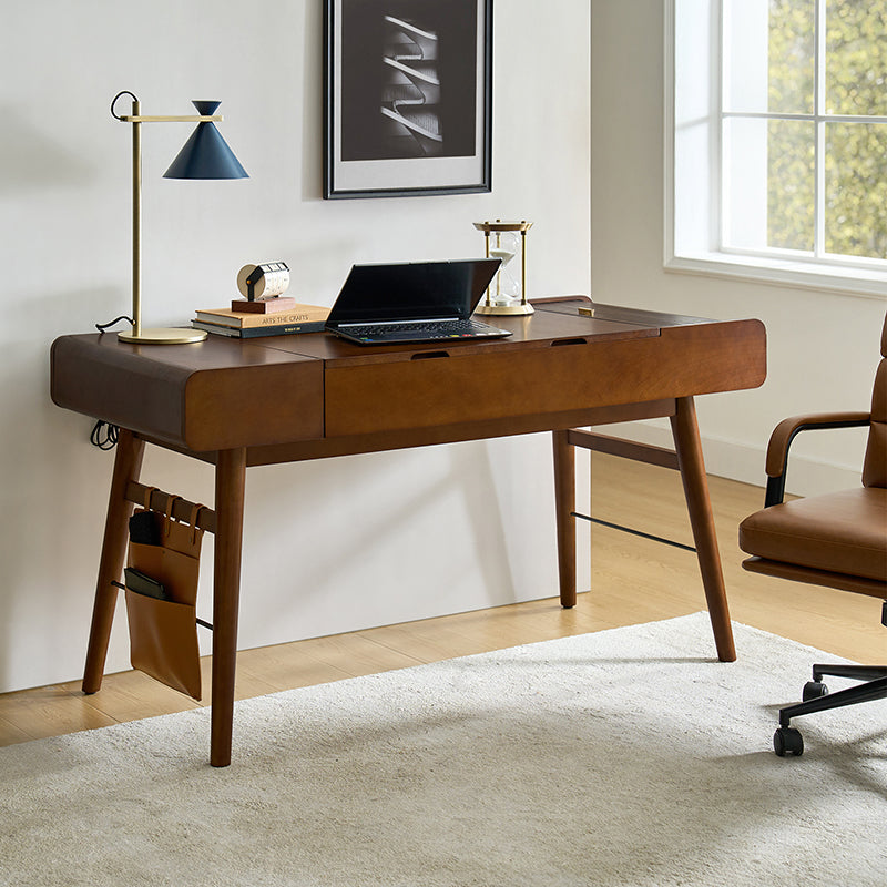 Mid Century Modern Home Office Desk with 2 USB Power Outlets - Stylish Writing Desk for Small Spaces, Remote Work & Study