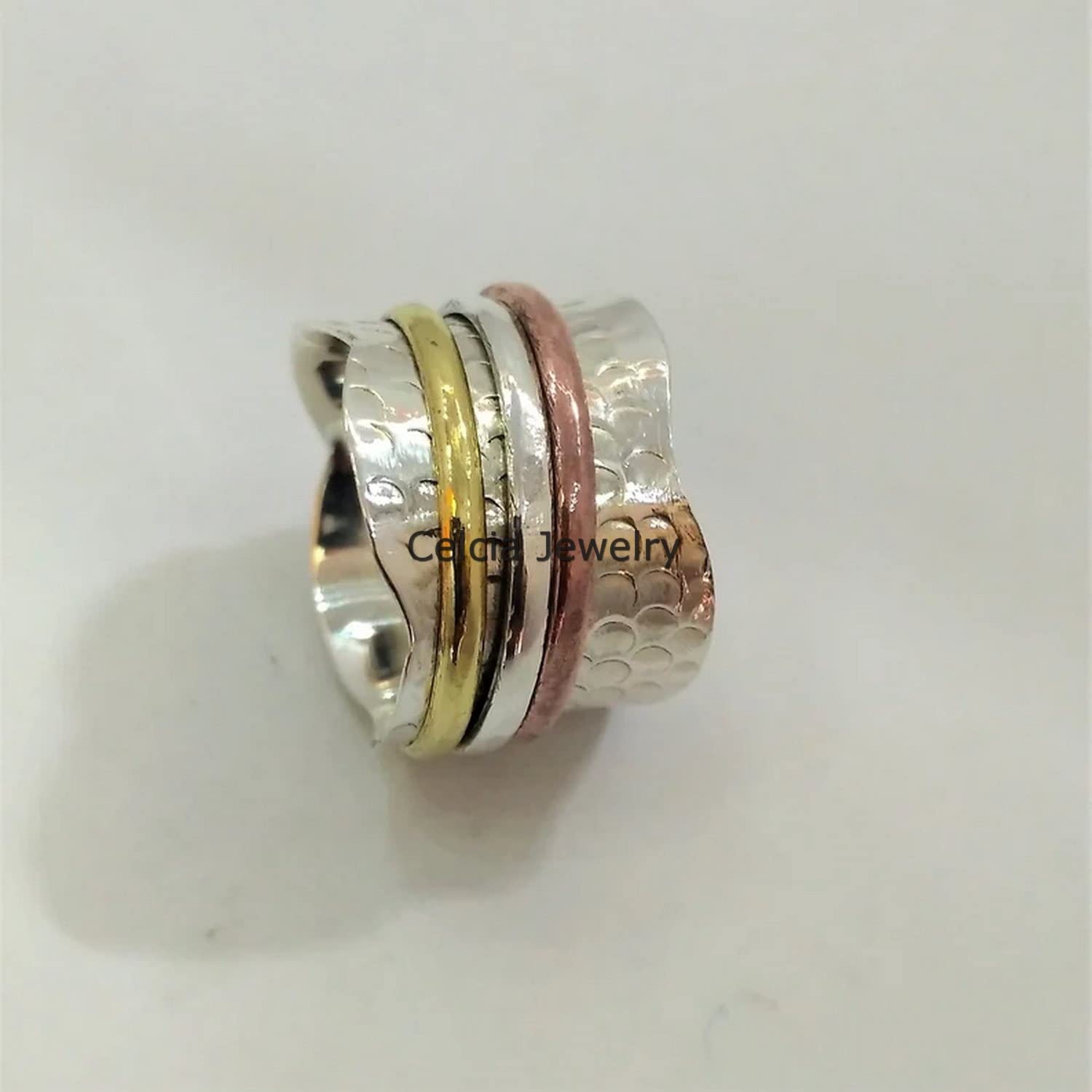 925 Sterling Silver Spinning Band Ring for Anxiety Relief - Unisex Fidget Ring for Meditation & Stress Relief - Three-Tone Spinner Worry Ring - Perfect Mothers Day Gift (Size 7) - Ideal for Office, Travel & Daily Relaxation