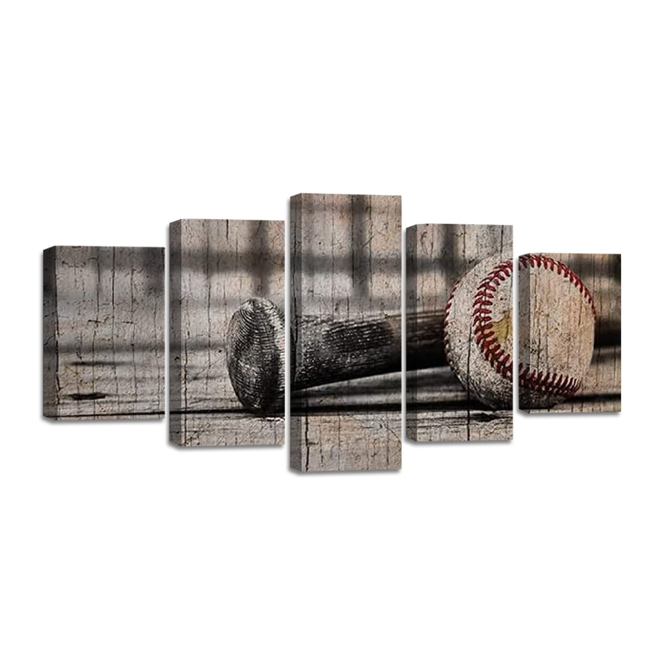 Vintage Baseball Wall Art - 5 Panel Canvas Sports Decor, Framed & Ready to Hang - Retro Baseball Bat Paintings for Man Cave, Sports Bar, Bedroom (16x24in x2, 16x32in x2, 16x40in x1) - Perfect Gift for Baseball Fans & Boys Room Decor