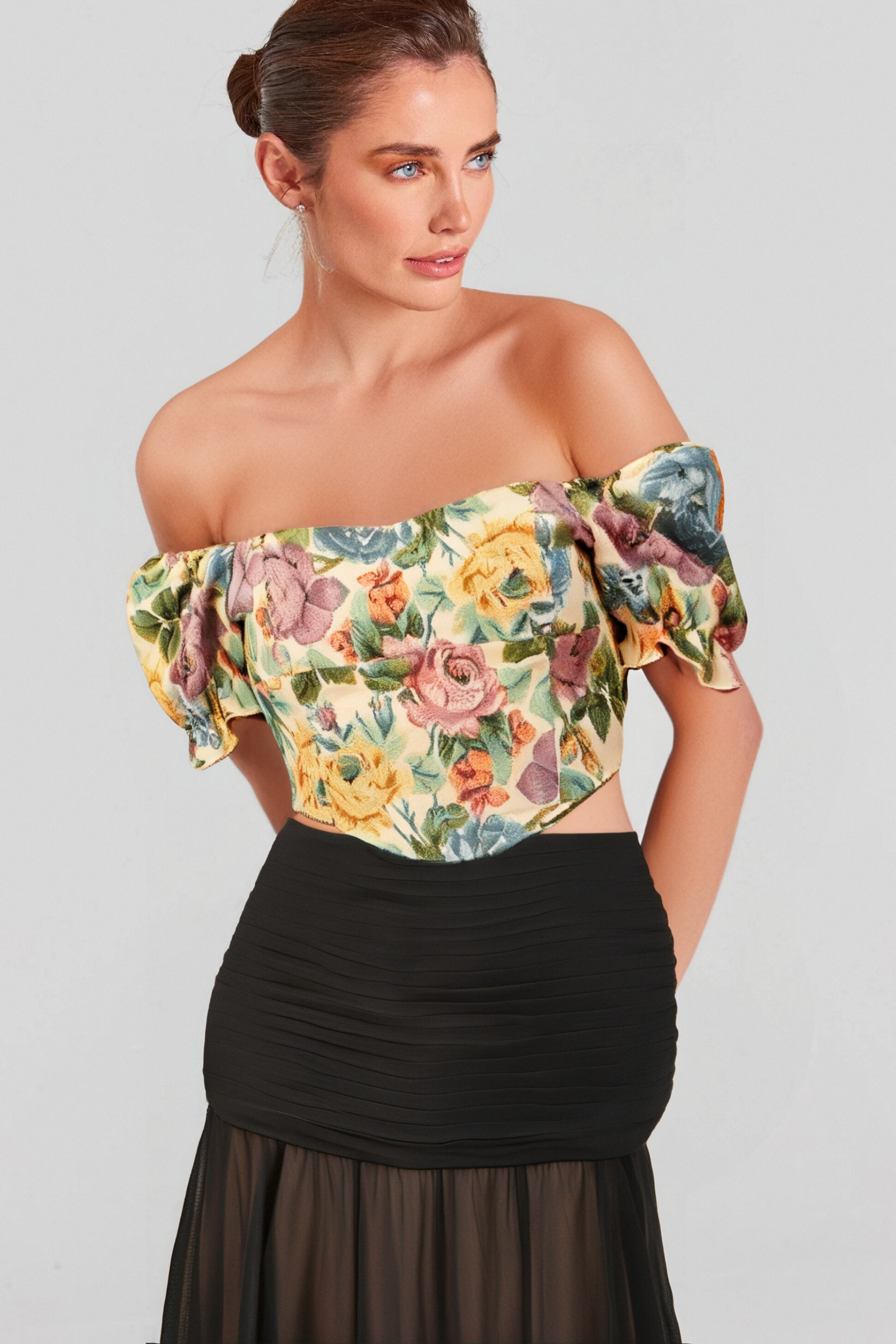 Constance Floral Print Jacquard Cropped Top - Women's Fashion Blouse for Spring & Summer, Perfect for Dates, Parties, and Casual Outings
