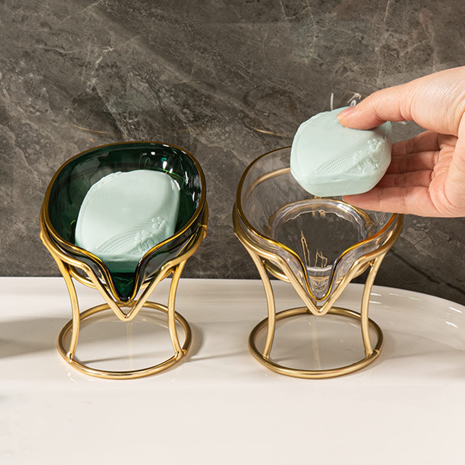 Self-Draining Soap Holder with Gold Iron Frame - Decorative Bathroom & Kitchen Soap Tray - Rustproof Soap Dish for Shower, Sink Countertop - Perfect Home Gift for Modern Bathroom Decor