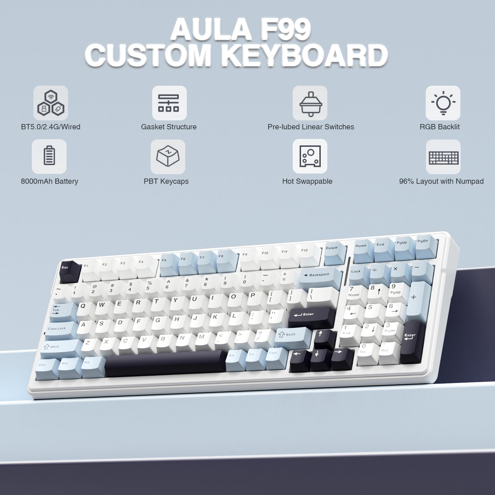 AULA F99 Wireless Mechanical Gaming Keyboard - Hot Swappable Custom Keyboard with Pre-Lubed Linear Switches, Gasket Mount Structure, RGB Backlit for PC/Mac (Blue & White) - Perfect for Gaming, Typing & Office Work