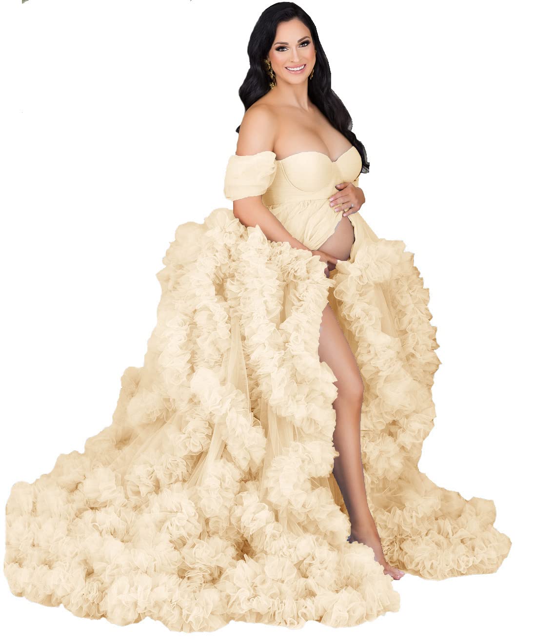 NABN Women's Strapless Sexy Pleated Tulle Maternity Robe Dress - A-Line Long Formal Floor Length Gown with High Slit for Prom, Wedding, Evening Party & Special Occasions