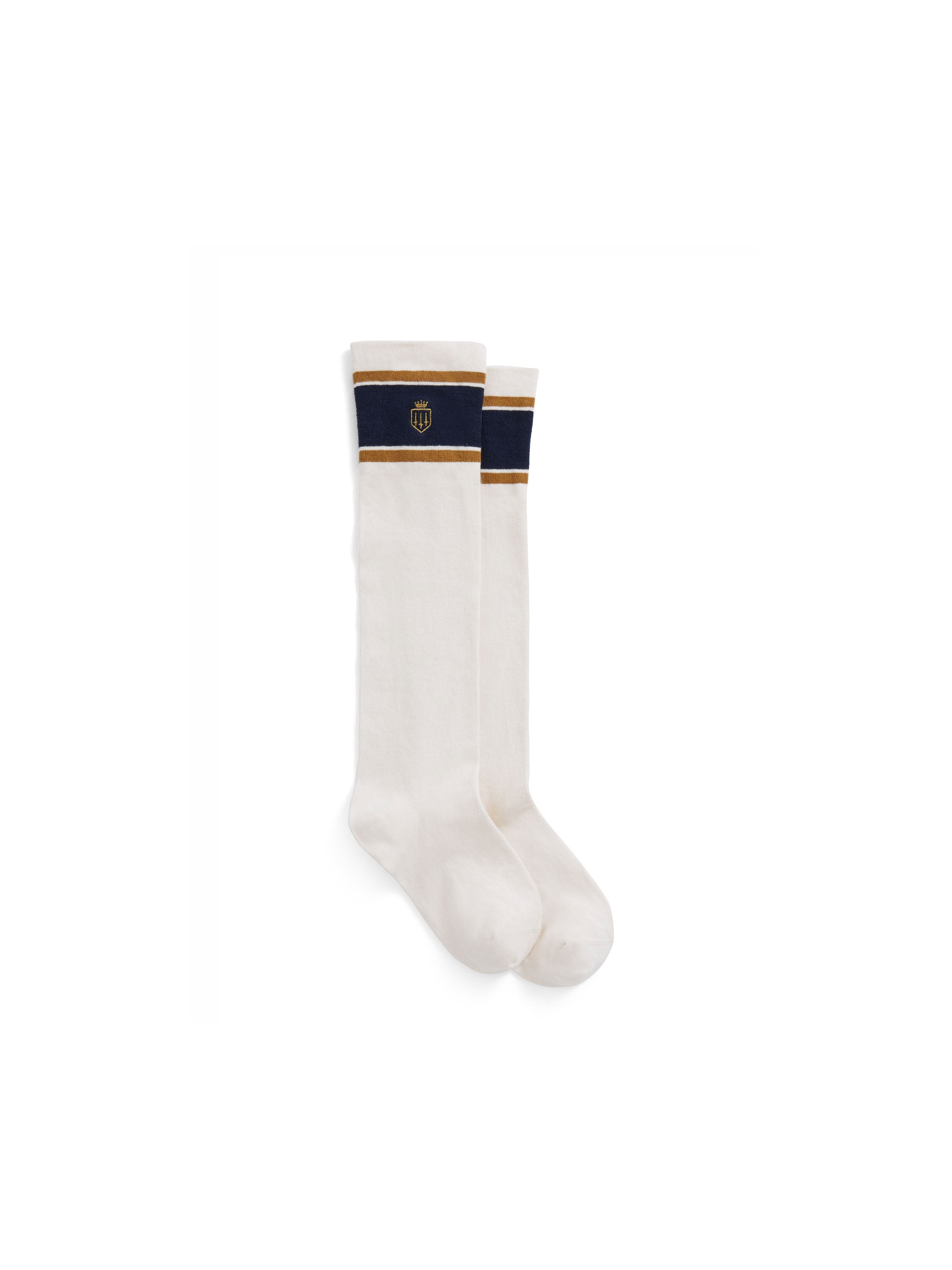 Signature Women's Knee High Socks - Cream, Navy & Gold Striped Fashion Socks for Winter, Fall & Office Wear - Perfect for Boots, Dress Outfits & Casual Style