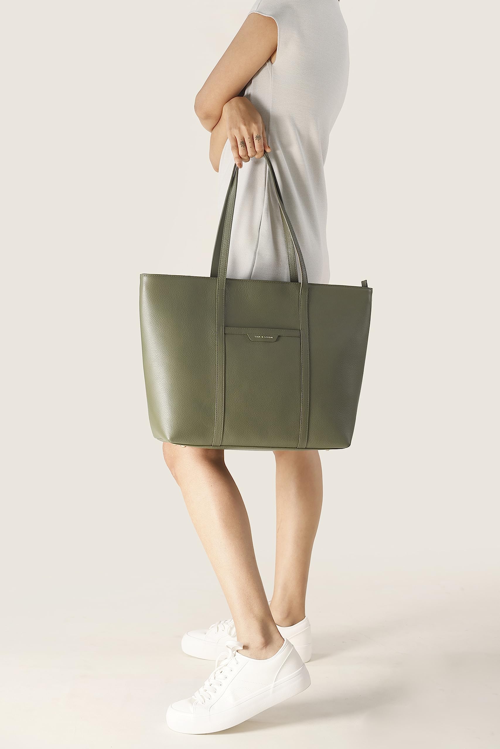 Tan & Loom Genuine Leather Tote Bag for Women - Large Olive Long Handle Work Bag - Perfect for Office, Travel & Everyday Use