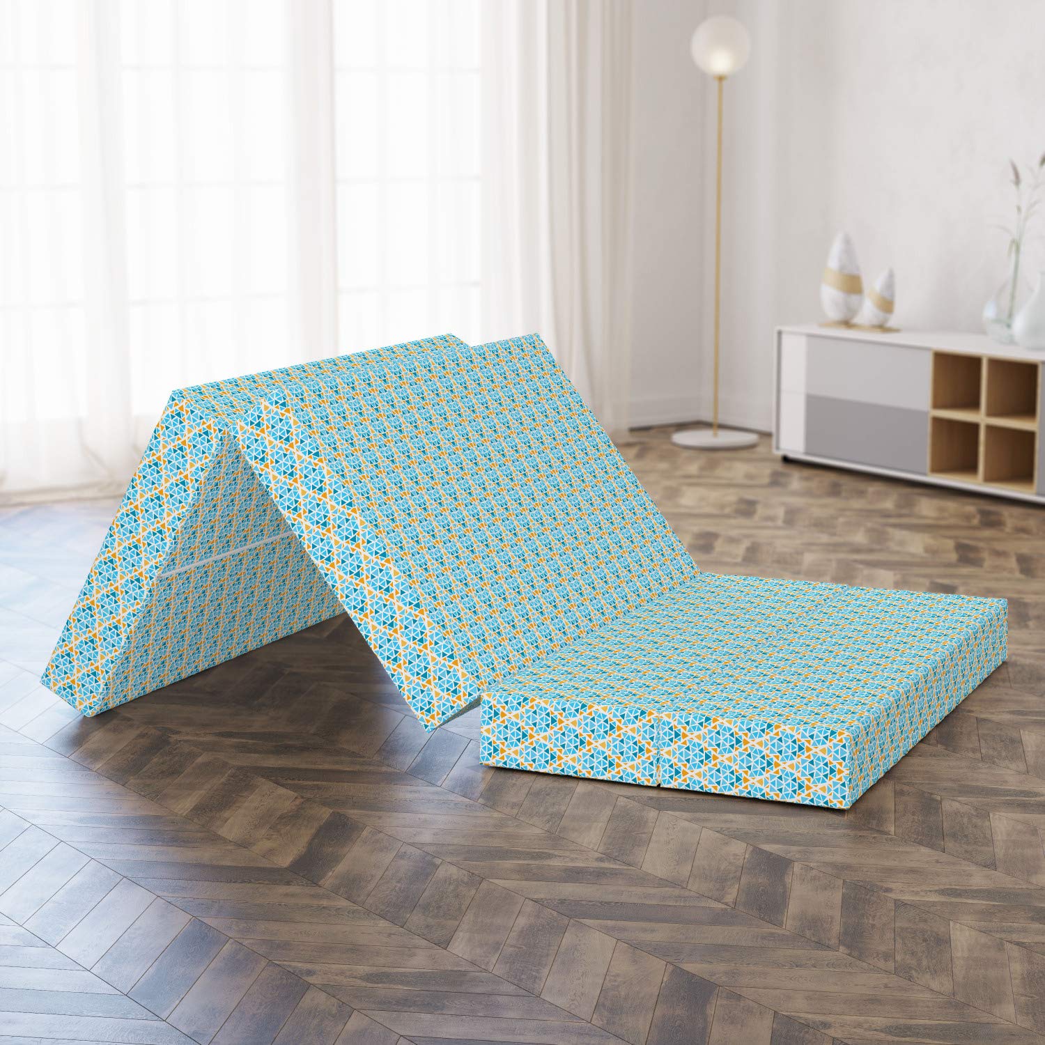 Ambesonne Yellow and Blue Foldable Mattress with Triangle Motif - 78.7