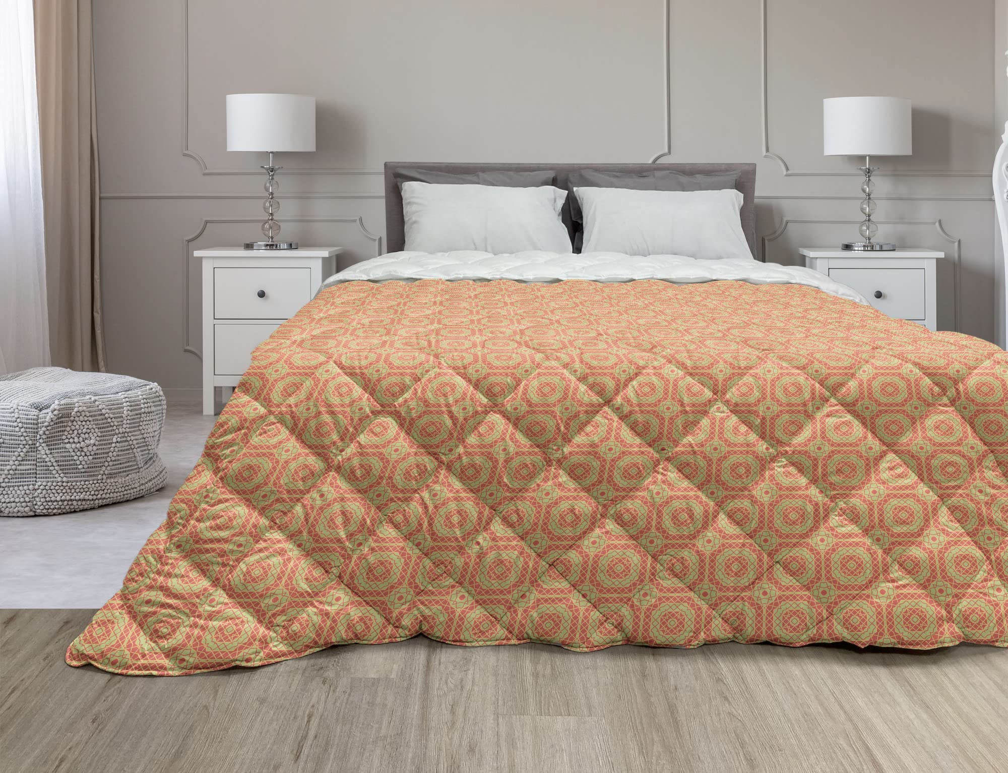 Ambesonne Mosaic Down Alternative Comforter King Size - Portuguese & Moroccan Ceramic Tile Design - All Season Microfiber Quilt in Pistachio Green & Scarlet - Perfect for Bedroom Decor, Guest Room, and Cozy Winter Nights