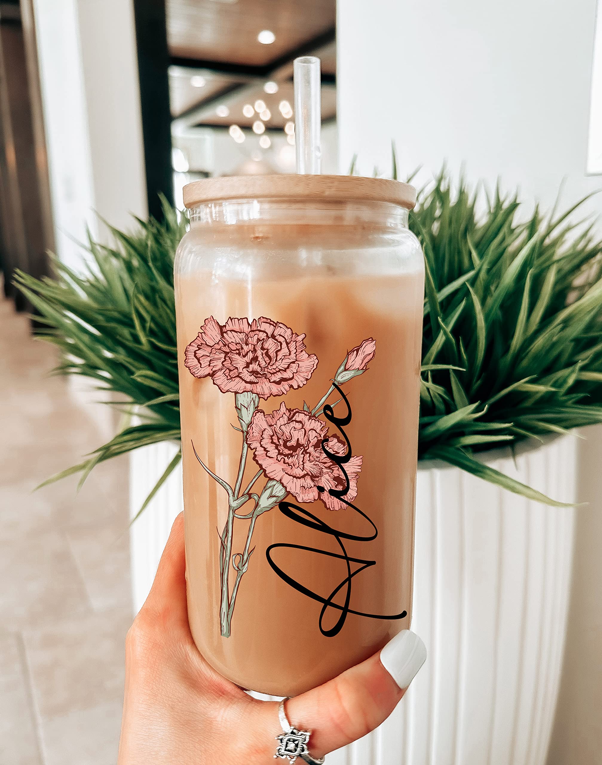 Personalized Name Glass Cup with Color Birth Flower - 16 oz Custom Tumbler | Unique Birthday Gifts for Women, Teachers, Bridesmaids, Mom & Valentine's Day | Perfect for Parties, Weddings, Office Gifts & Special Occasions