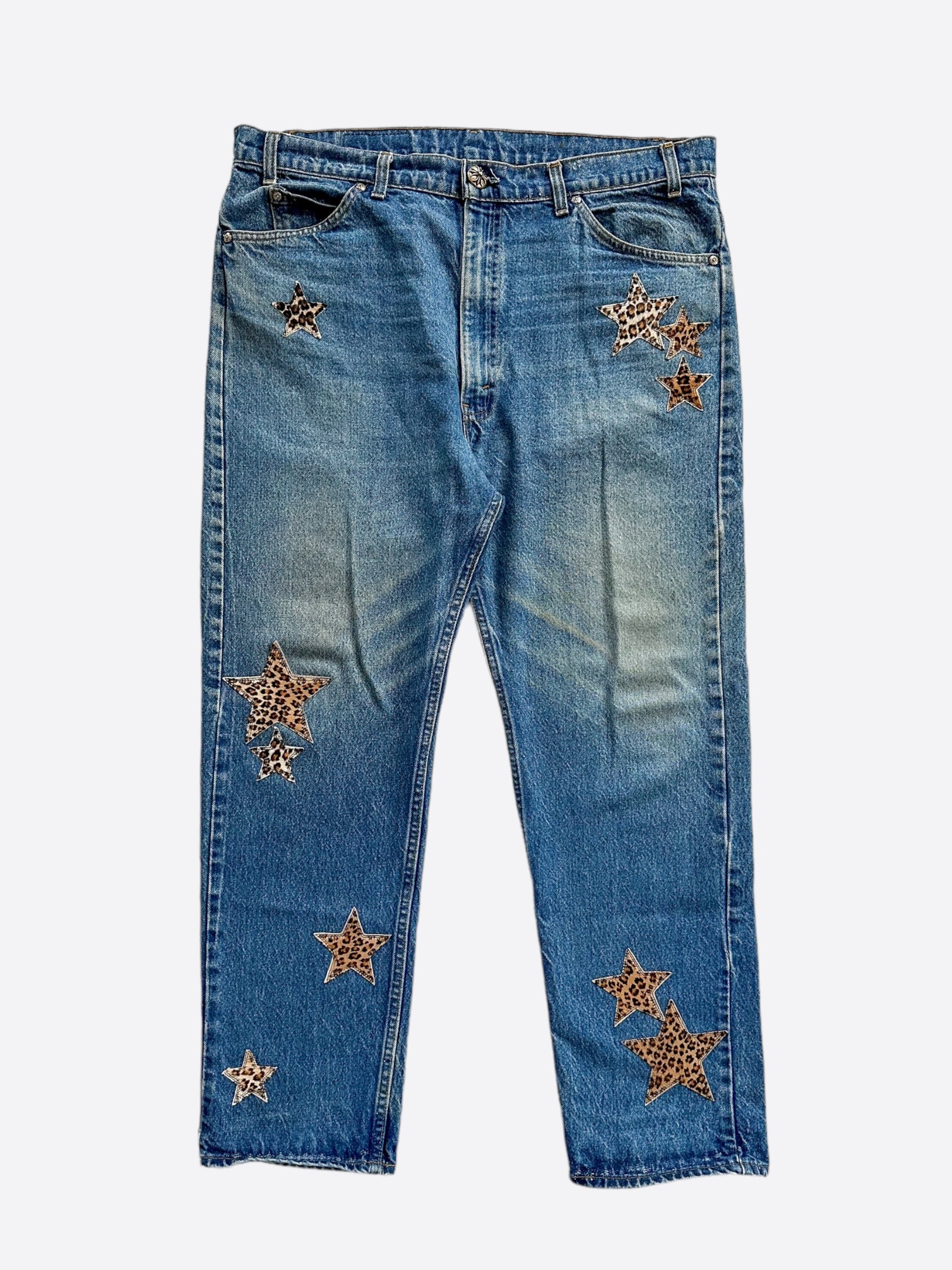 Chrome Hearts x Levi's Blue Cheetah Star Patch Jeans for Men & Women - Vintage Denim Pants with Unique Design - Perfect for Streetwear, Casual Outfits & Fashion Statements