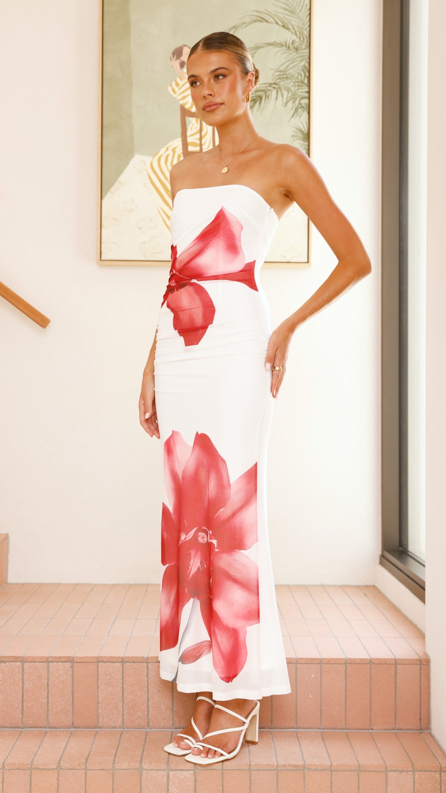 Brittani Strapless Maxi Dress for Women - Elegant White & Red Flowy Summer Evening Gown - Perfect for Beach Weddings, Parties & Vacation Getaways