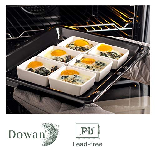 DOWAN 6 oz Square Porcelain Ramekins - Oven Safe Baking Dishes for Creme Brulee, Souffle, Desserts, Appetizers & Dipping Sauces | Set of 6 White Ramekin Bowls | Perfect for Home Baking, Restaurant Use & Party Serving