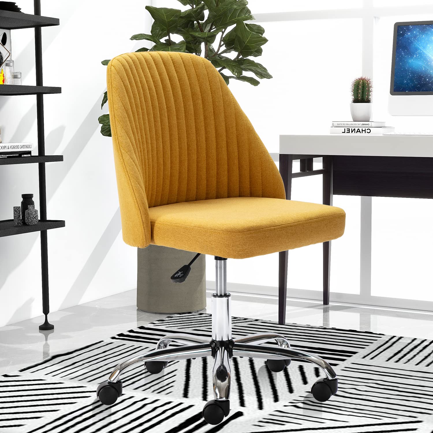 SMUG Yellow Modern Adjustable Rolling Office Chair - Armless Task Chair with Wheels for Bedroom, Makeup Vanity, Living Room - 32.1