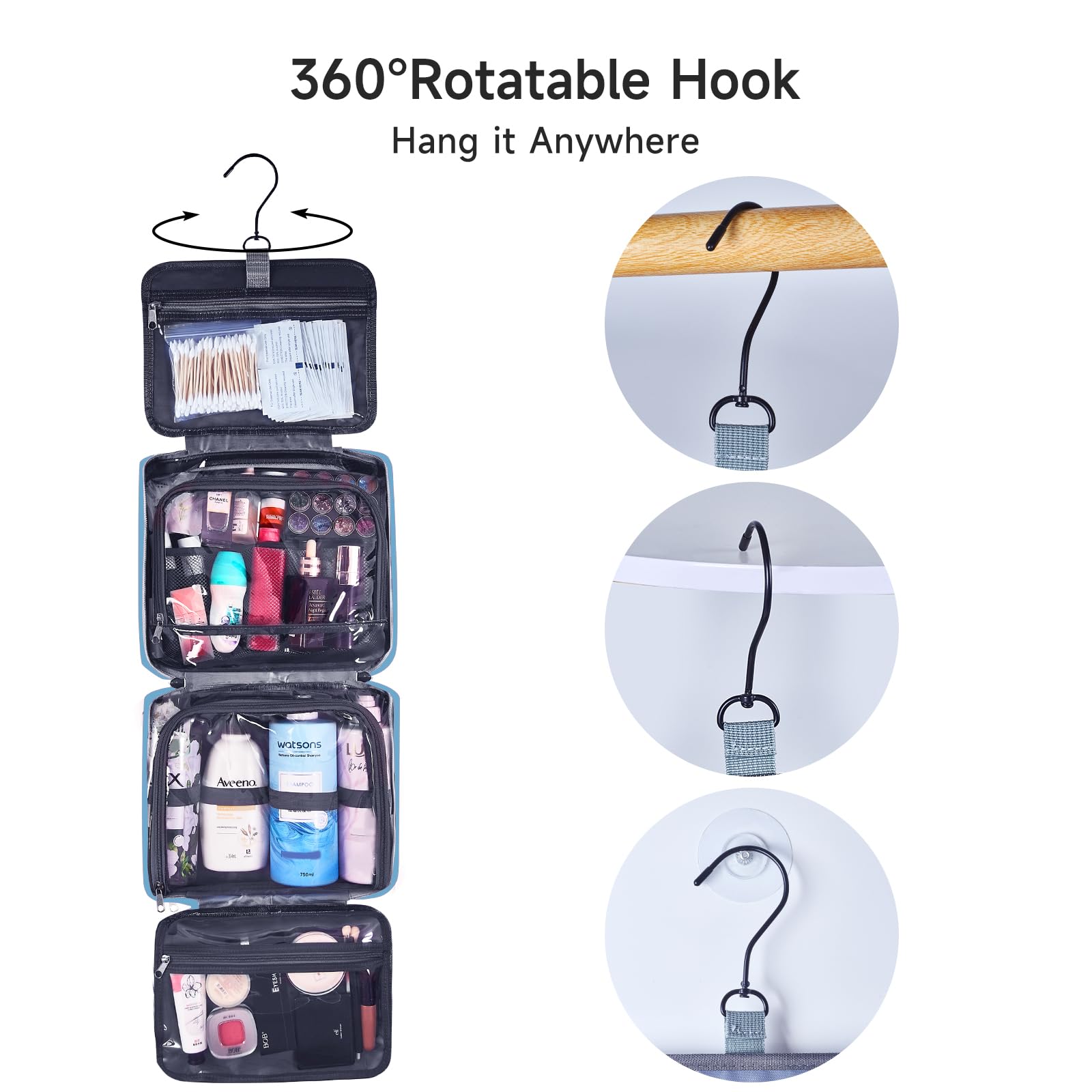 Waterproof Hanging Toiletry Bag for Women - Large Travel Cosmetic Organizer with Hook, Makeup & Accessories Storage (Baby Blue) - Perfect for Air Travel, Gym, Camping & Weekend Getaways