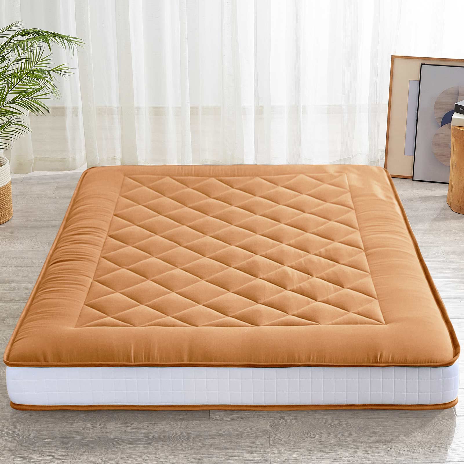 MAXYOYO 6-Inch Extra Thick Japanese Floor Futon Mattress - Diamond Quilted Tatami Bed for Small Spaces & Guest Rooms - Light Brown - Perfect for Apartments, Dorms & Minimalist Home Decor