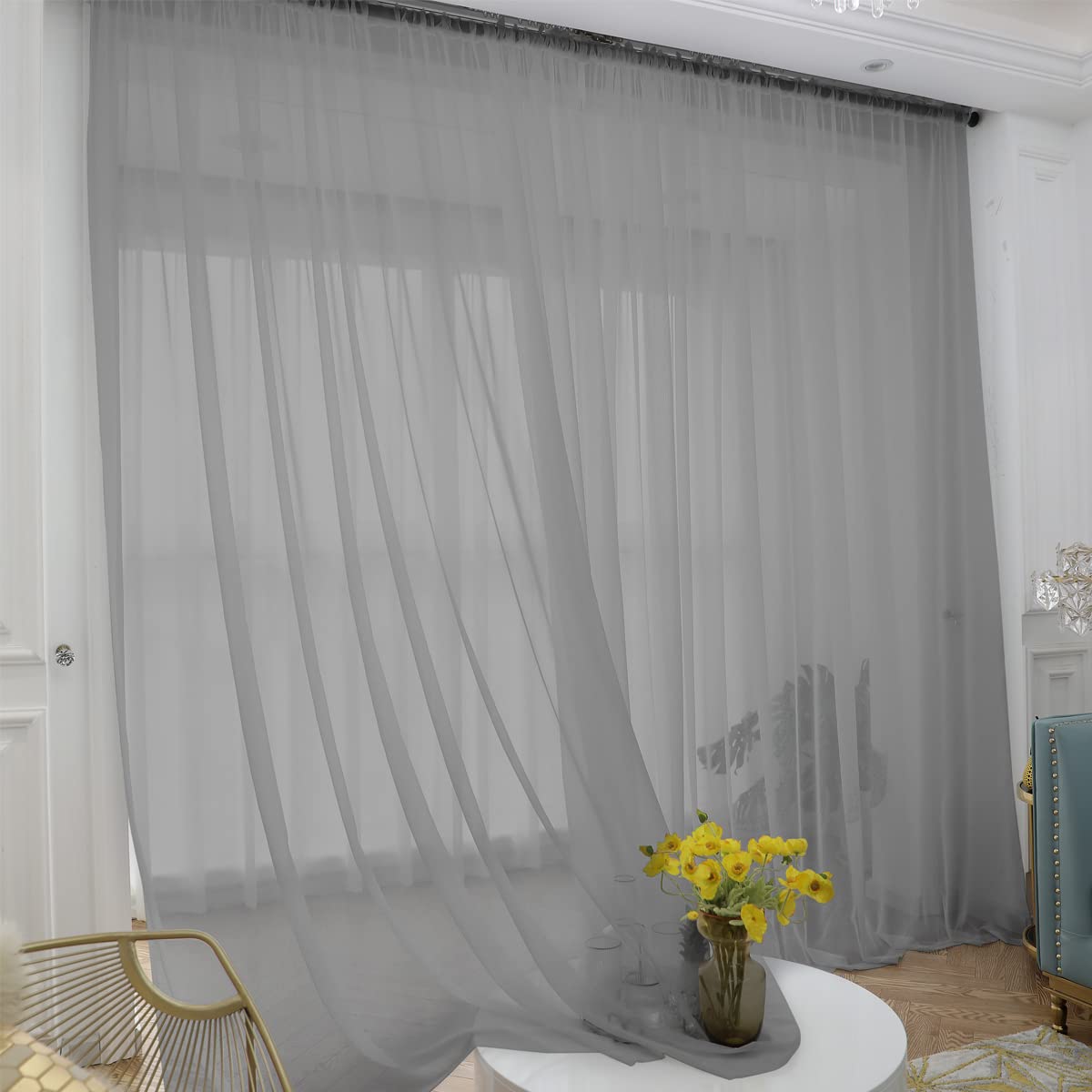 Gray Sheer Curtains 72 Inches Long - 2 Panels Rod Pocket Voile Semi-Sheer Window Drapes for Kitchen, Bedroom & Living Room - Light Filtering Privacy Curtains (52