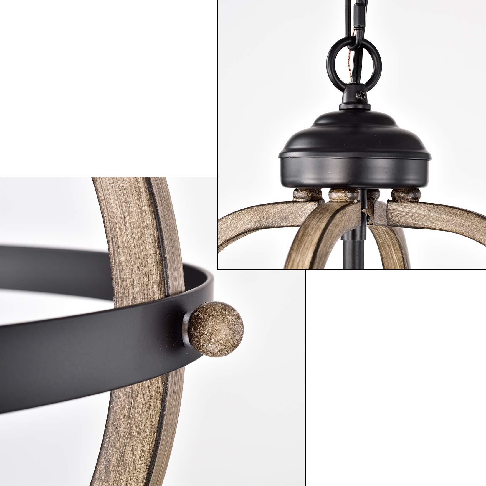 Matte Black Farmhouse Chandelier - 4-Light Adjustable Pendant Lighting with Wood Grain Finish | Industrial Ceiling Light for Kitchen Island, Dining Room, Living Room, Foyer & Entryway | Perfect for Rustic Home Decor and Open Concept Spaces