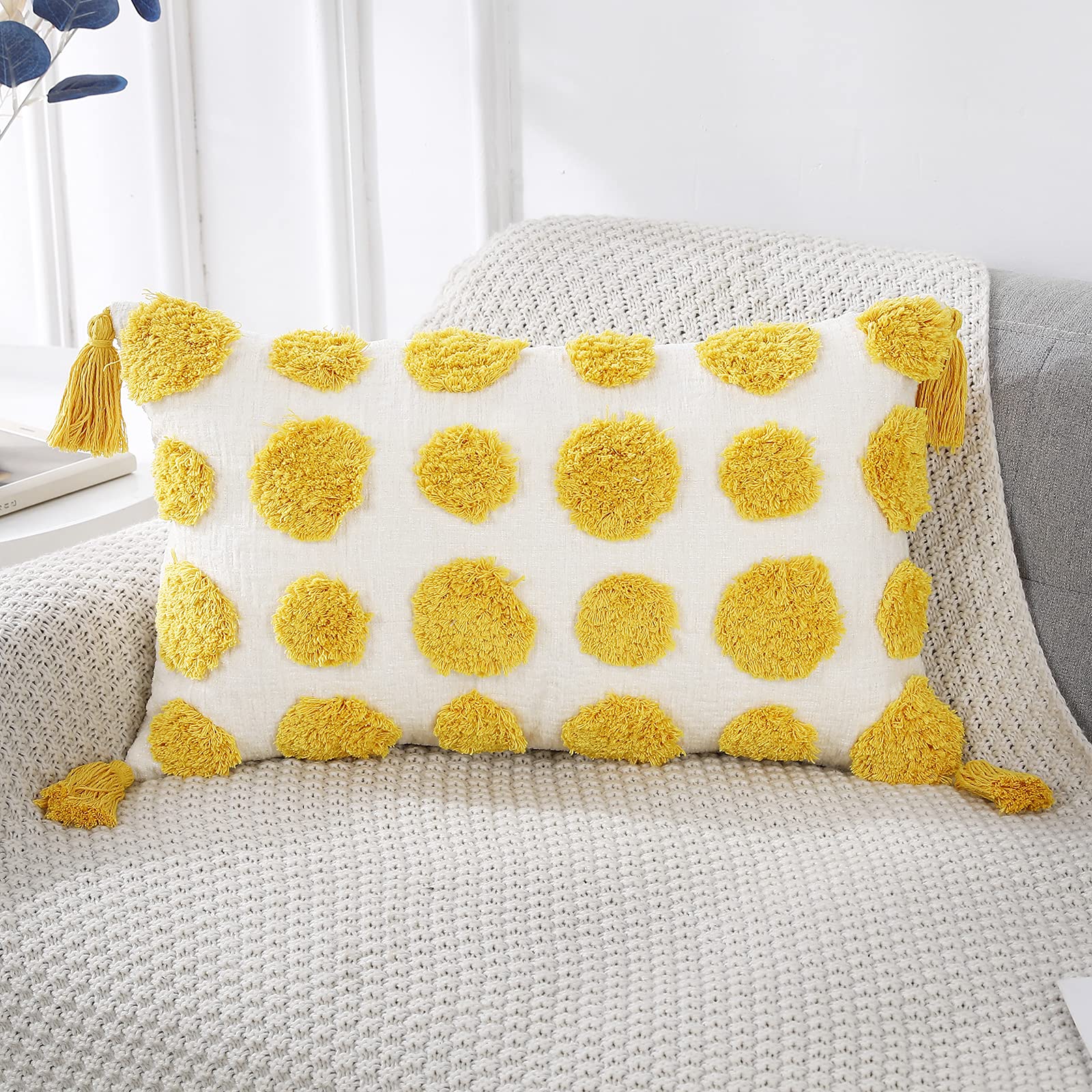PANOD Super Soft Farmhouse Decorative Plush Throw Pillow Covers 12x20 Inch - Yellow Solid Pom Pom Tufted with Tassels, Modern Boho Lumbar Cushion Cover for Sofa, Couch & Bed - Perfect for Living Room, Bedroom & Home Decor