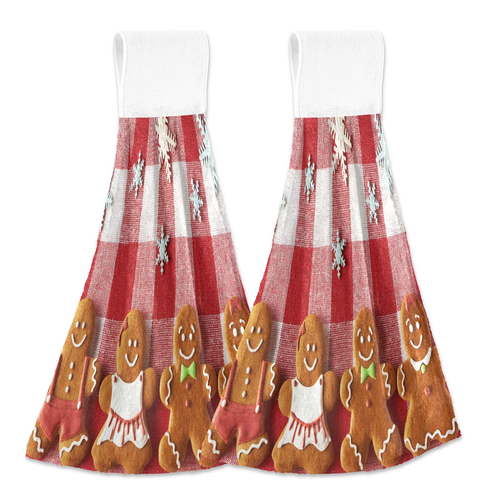 Christmas Gingerbread Snowflake Hand Towels Set of 2 - Festive Holiday Kitchen & Bathroom Towels with Hanging Loop for Xmas, Winter Decor - Soft Plaid Dish Cloths for Baking, Hosting & Seasonal Home Decor