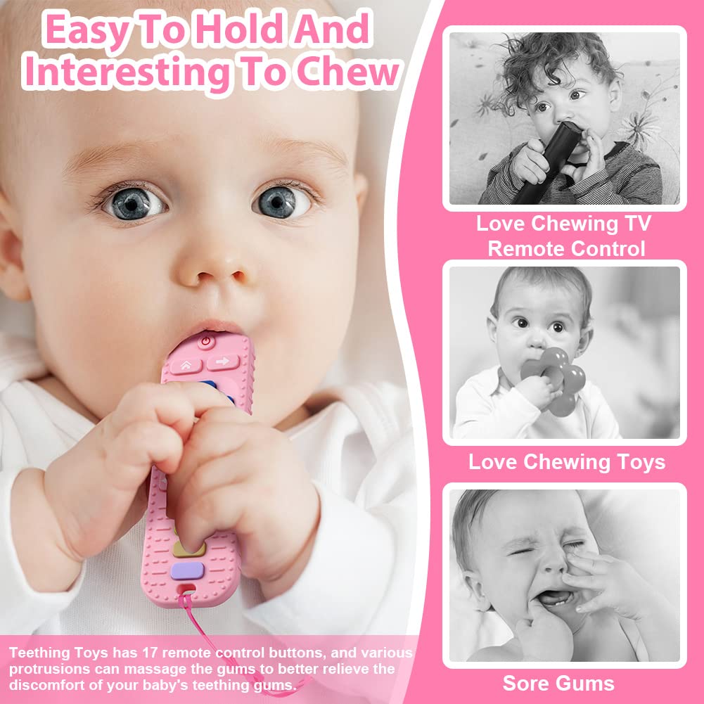 BPA-Free Silicone Baby Teething Toys Set - 2PCS Remote Control Shaped Teethers with Pacifier Clips for Infants 3+ Months (Blue & Pink) - Perfect for Soothing Sore Gums & On-the-Go Teething Relief