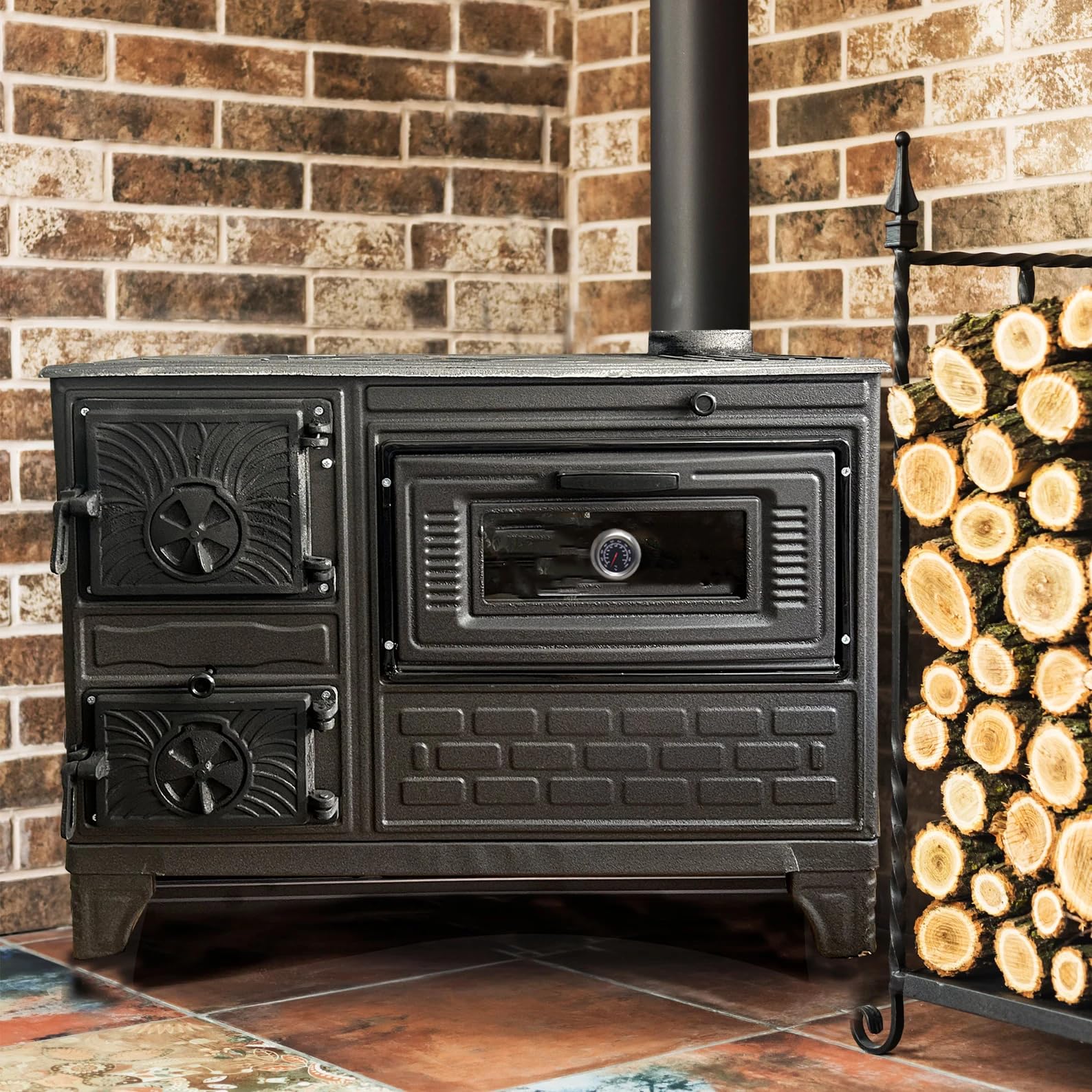 Premium Cast Iron Wood Burning Stove with Oven - Durable Baking Oven & Heating Stove with Built-in Thermometer, Brick Lined Fireplace for Home, Cabin & Outdoor Cooking - Matte Black Finish (Made in Turkey)