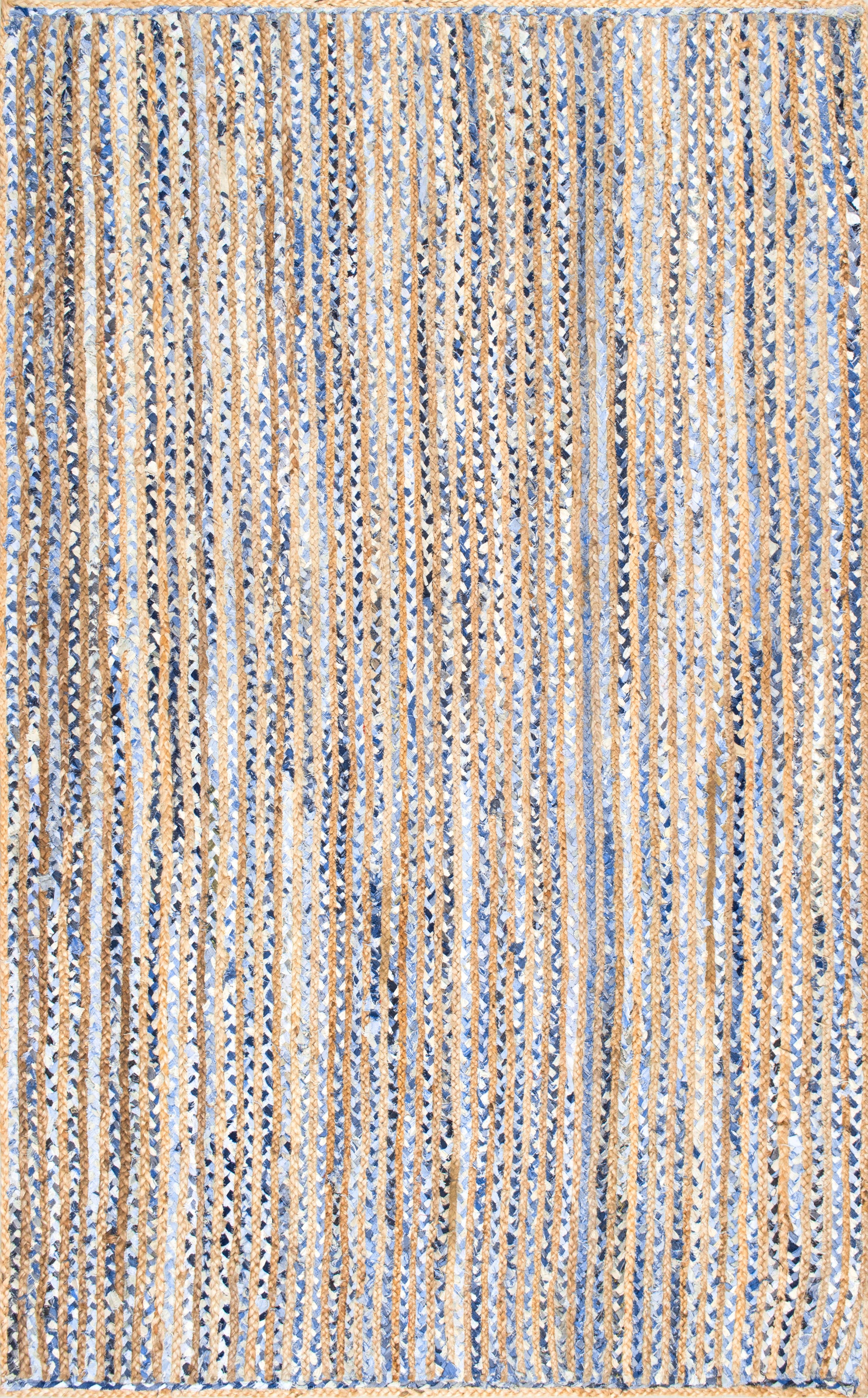 Hand Braided Jute and Denim Striped Area Rug - Blue and White Bohemian Style Floor Mat for Living Room, Bedroom, or Nursery Decor