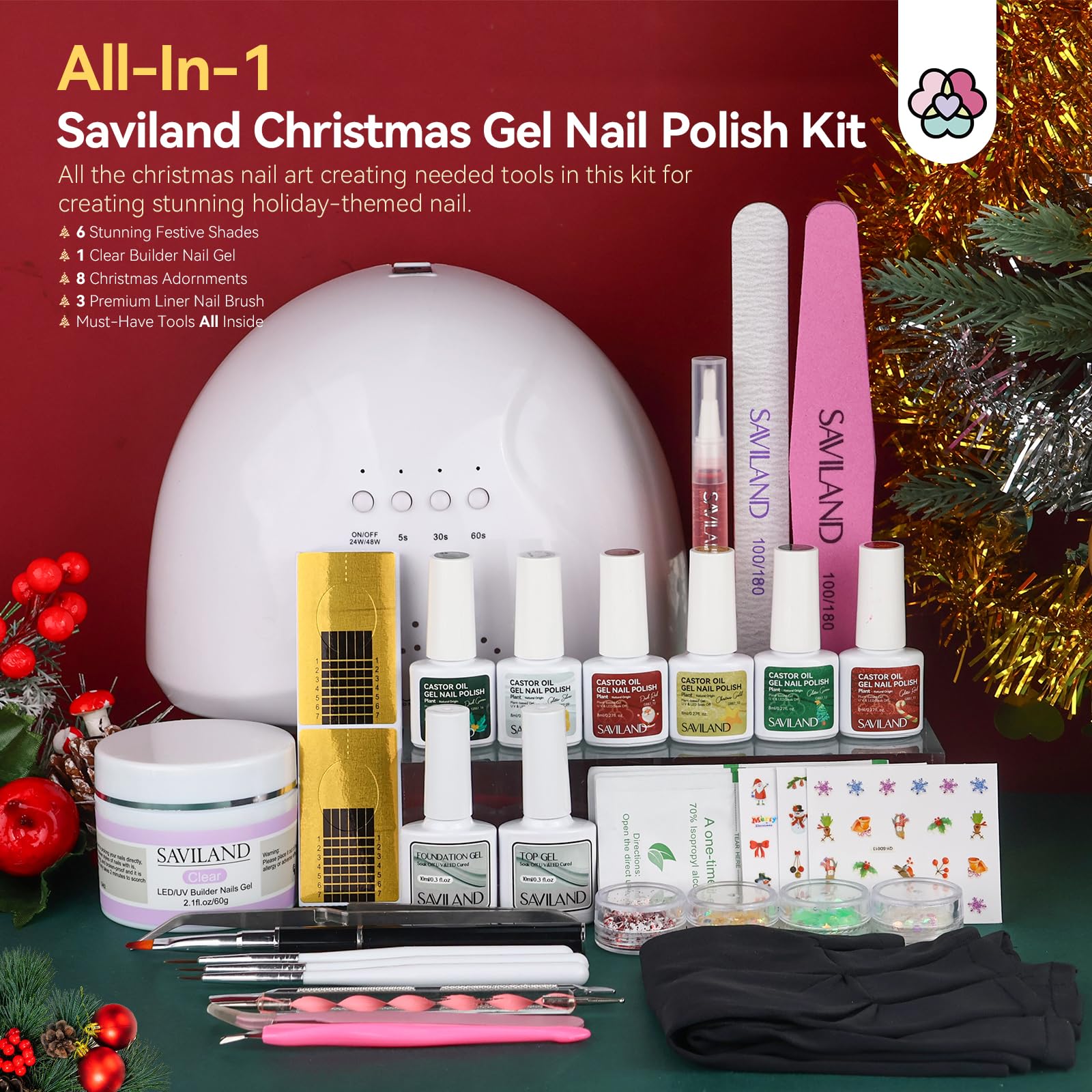 SAVILAND Christmas Gel Nail Polish Kit - 6 Colors UV/LED Nail Polish Set with Builder Gel & UV Protection Gloves (2.12oz) | Holiday Nail Art, DIY Manicure, Salon Quality, Gift for Nail Techs | Perfect for Christmas Parties, Home Manicures & Professional Nail Salons