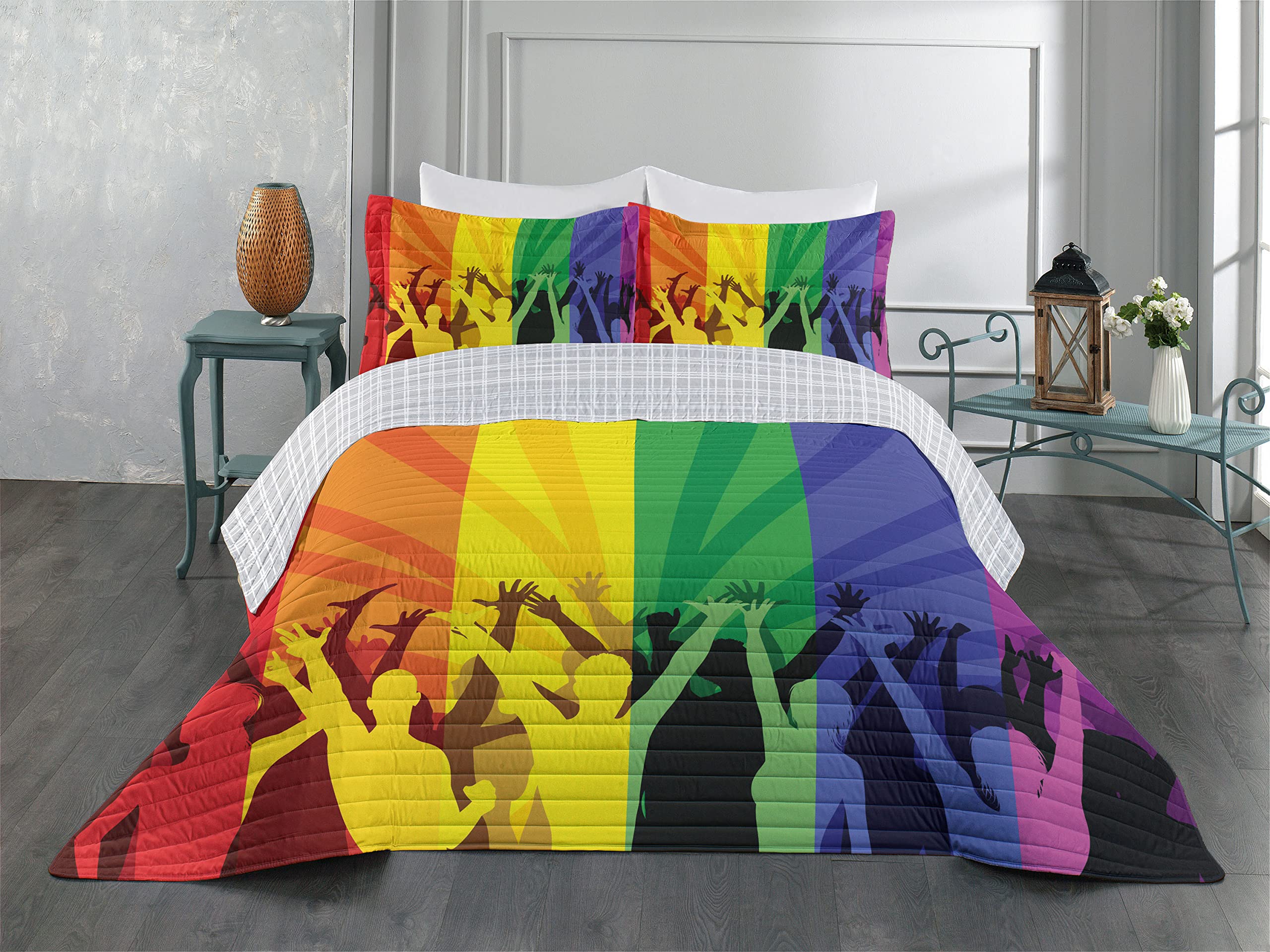Ambesonne Pride Reversible Queen Size Bedspread Set - Colorful Striped LGBT Celebration Design with Pillow Shams & Microfiber Comforter | Yellow Multicolor Bedding for Pride Month, LGBTQ+ Events & Rainbow-Themed Room Decor