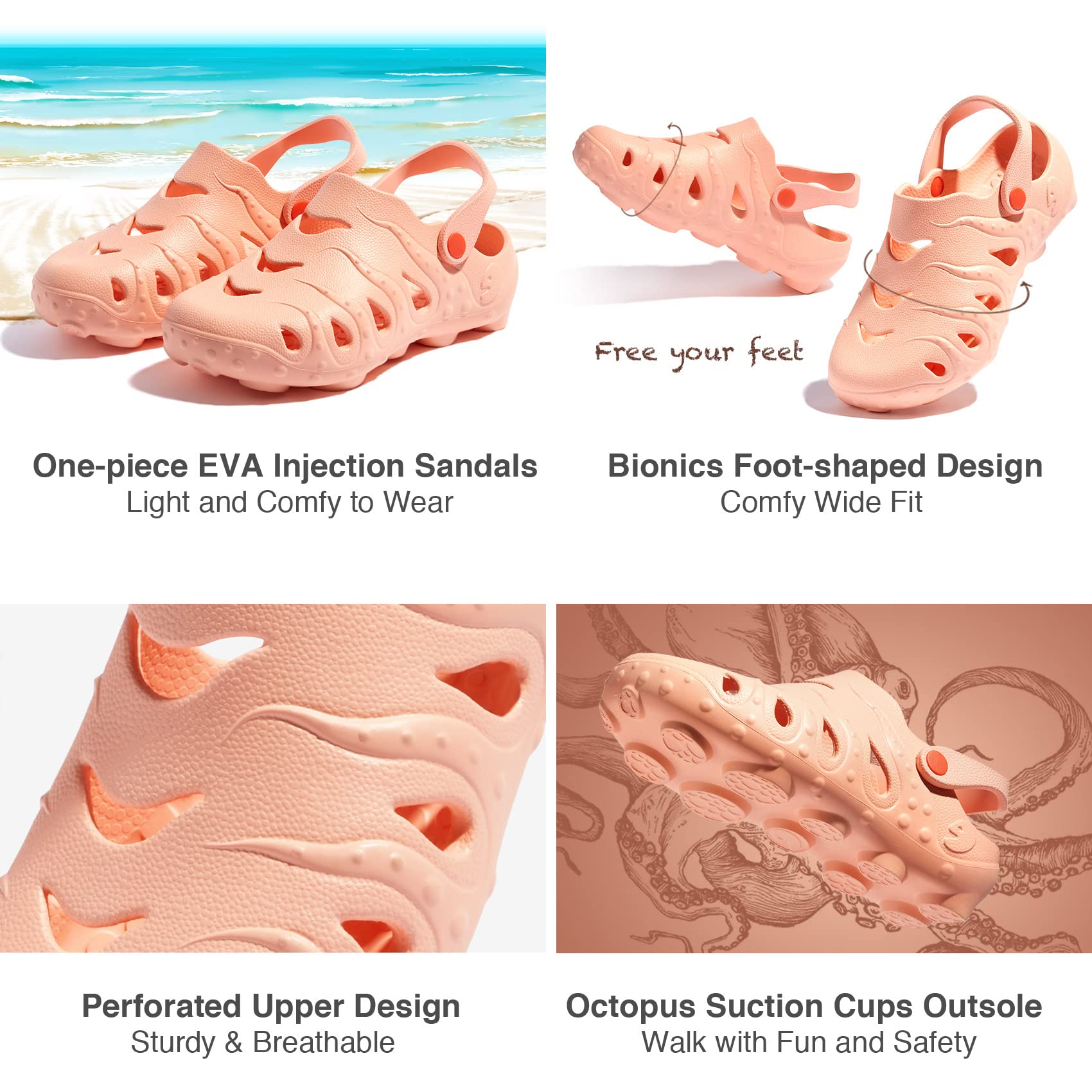 UIN Women's Comfortable Clog Garden Shoes - Slip On Beach Outdoor Slippers Sandals with Octopus Design | Perfect for Gardening, Beach Walks & Summer Outings