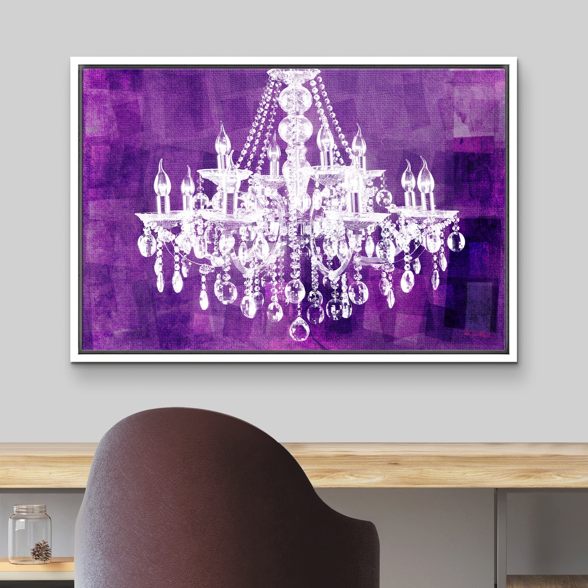 Wall26 Framed Canvas Print - White Chandelier Silhouette on Purple Background Modern Wall Art | Digital Art Print for Living Room, Bedroom, Office Decor | 24x36 Inches White Frame | Perfect for Relaxing Spaces & Chic Home Interiors