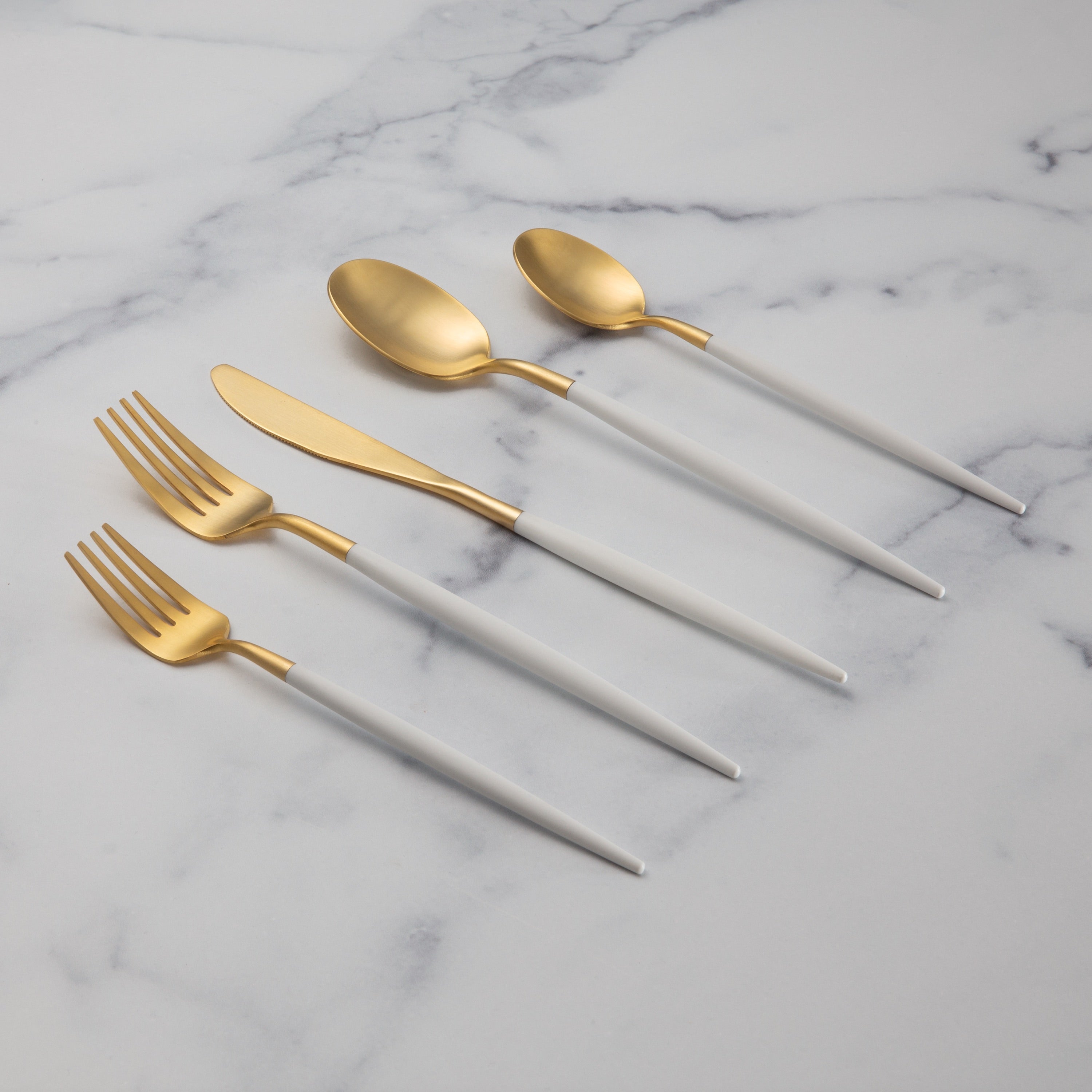 Luxury 20-Piece Flatware Set with Gold Satin Finish & White Pom Handle - Elegant Dinnerware for Wedding, Bridal Shower, and Special Occasions