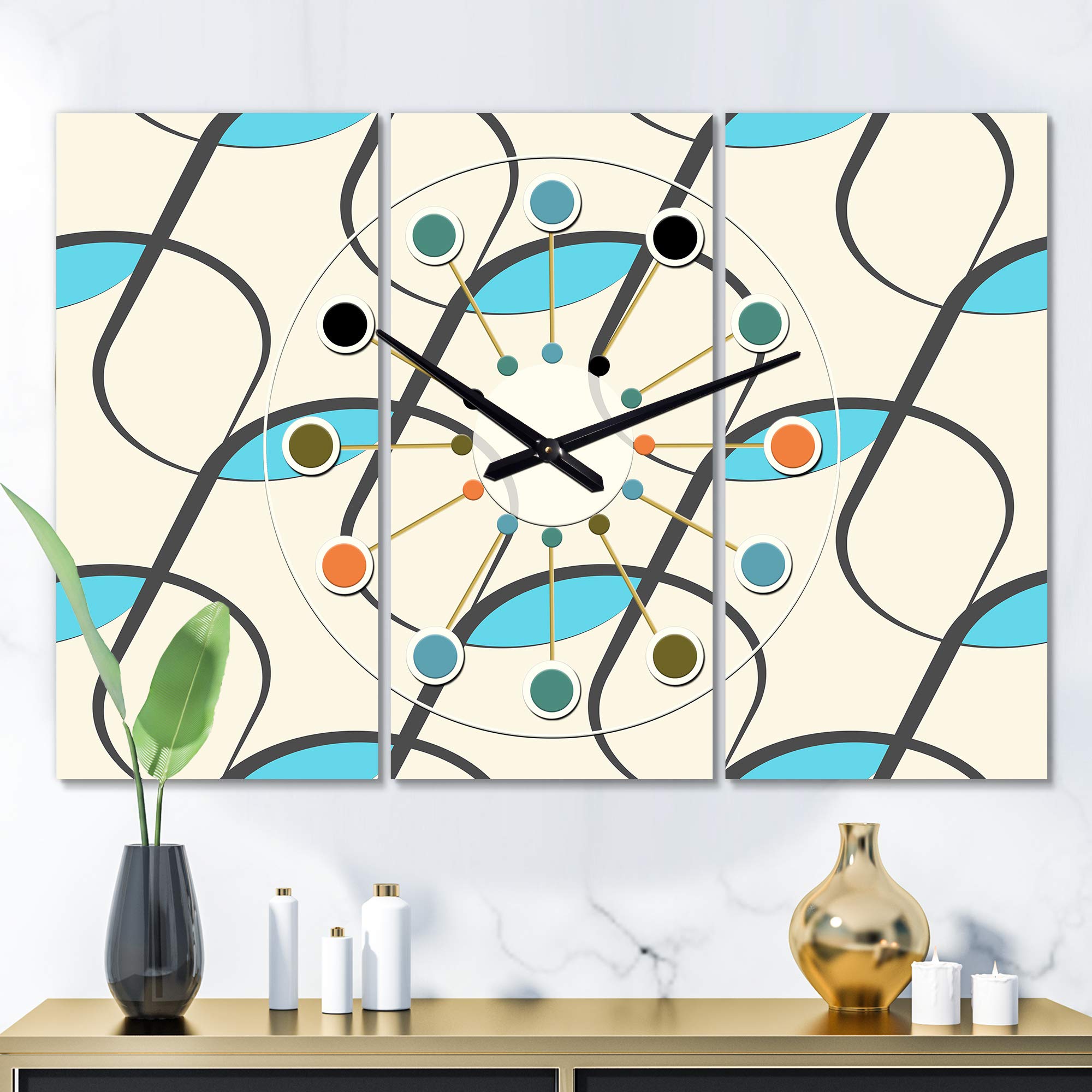 Designart 'Retro Geometric Abstract Minimalist Pattern I' Oversized Mid-Century Modern 3-Panel Wall Clock - Perfect for Living Room, Office & Retro Home Decor