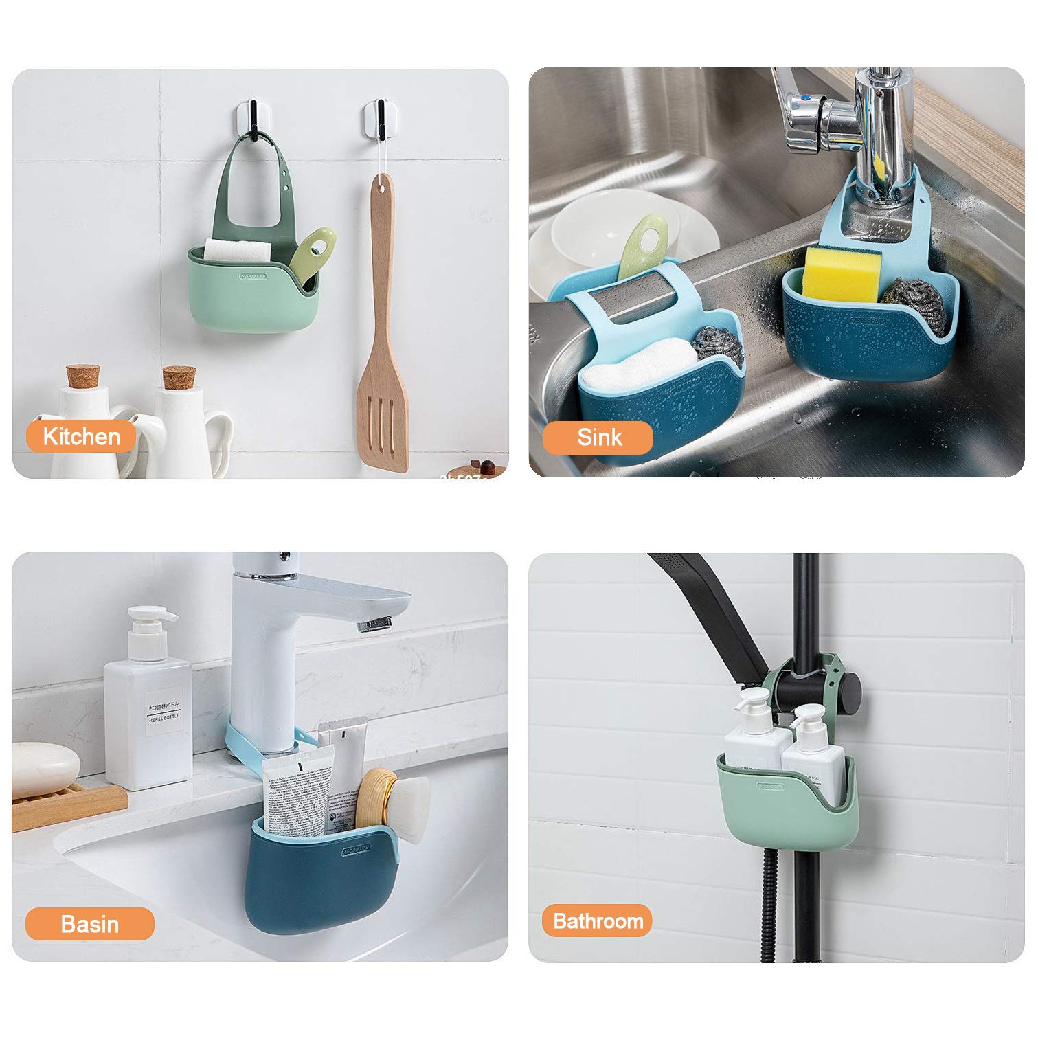 Adjustable Telescopic Kitchen Sink Organizer - 2 Pack Silicone Sponge Holder with Drain Holes & Hanging Strap | Space Saving Sink Caddy for Sponges, Brushes & Cleaning Supplies | Perfect for Small Kitchens, RV Sinks & Bathroom Organization