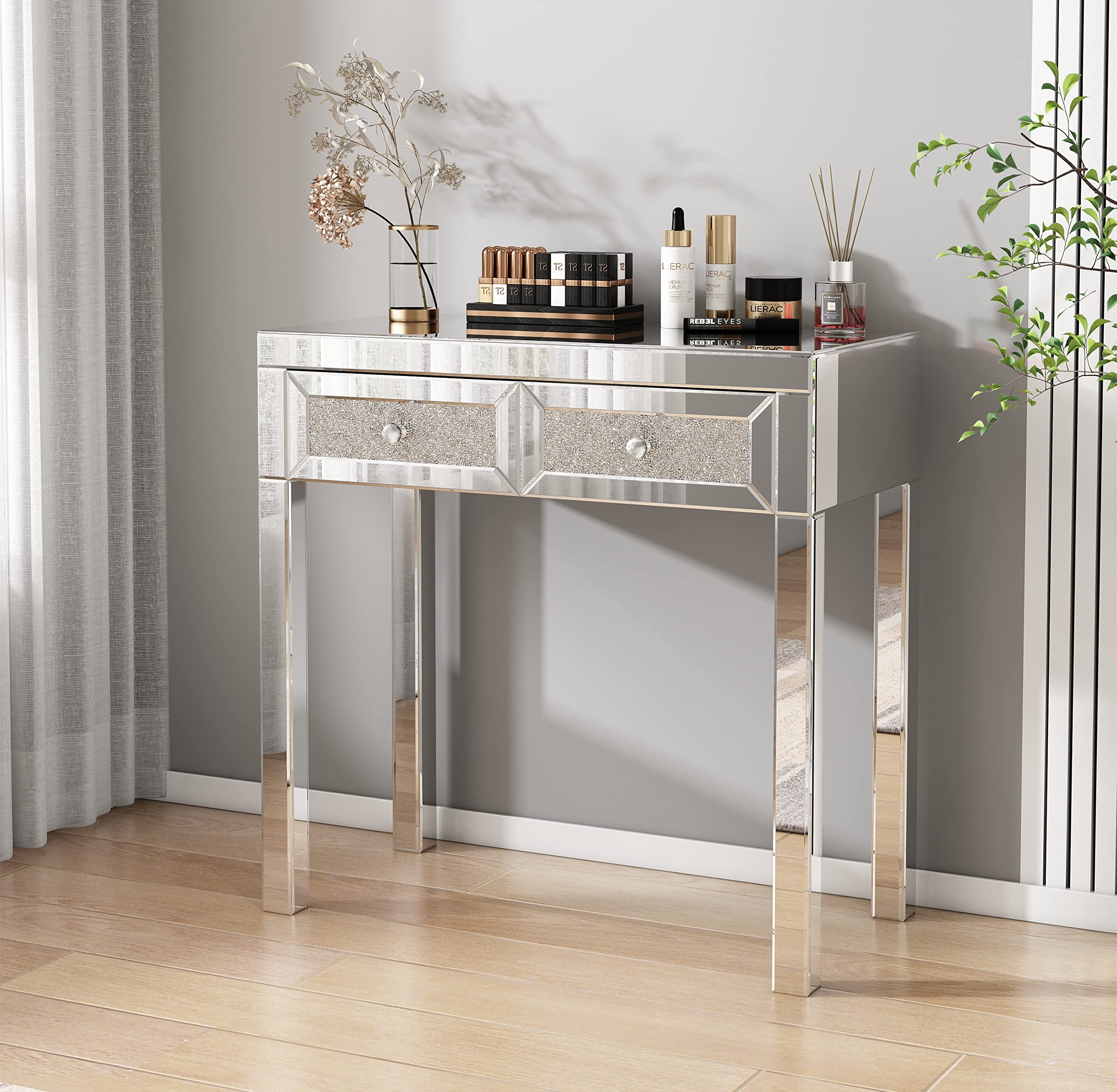 Mirrored Console Table with 2 Drawers - Silver Vanity Desk for Women | Makeup Vanity Table, Home Office Writing Desk | Smooth Finish with Crystal Knobs | Perfect for Bedroom, Dressing Room & Home Decor (Type-11)