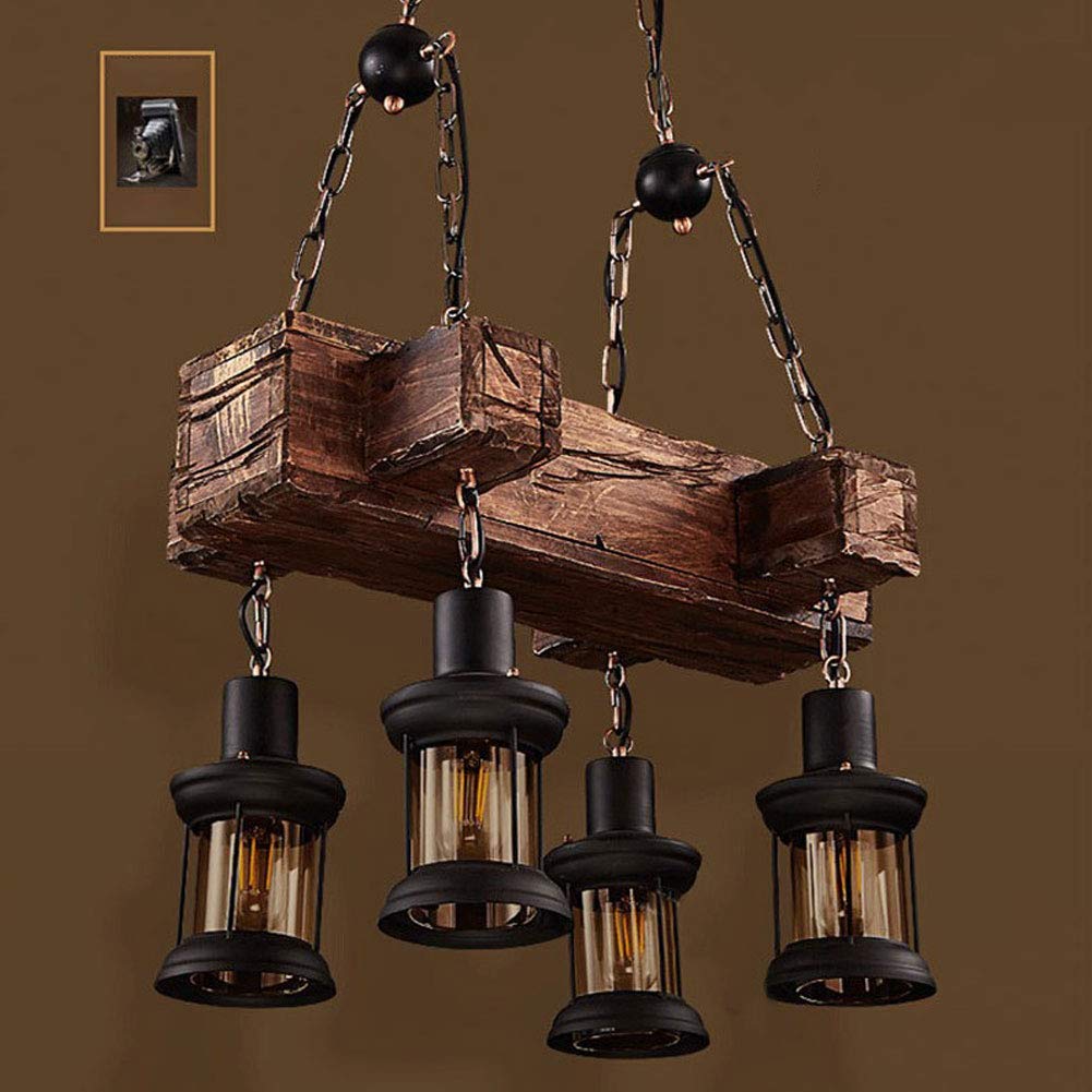 BTDH 8/4 Lights Industrial Vintage Wooden Chandelier - Adjustable Hanging Pendant Light Fixture for Farmhouse, Cafe, Bar & Restaurant - Perfect for Dining Room, Kitchen Island & Commercial Spaces (4 Lights)
