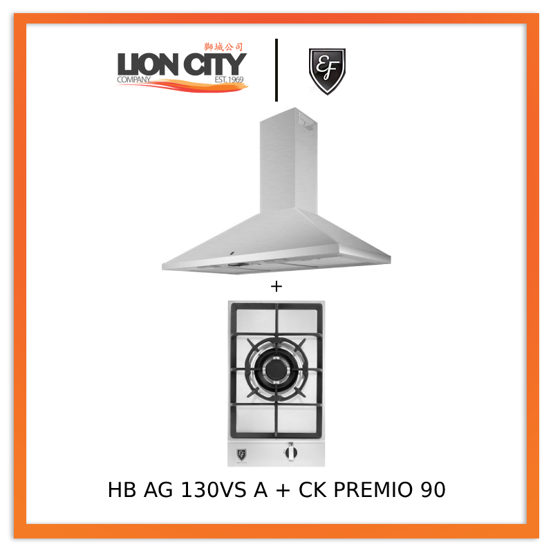 EF CK Premio 90 Stainless Steel Chimney Range Hood + EF HB AG 130VS 30cm Built-In Gas Cooktop - Professional Kitchen Ventilation & Cooking Solution for Home Chefs