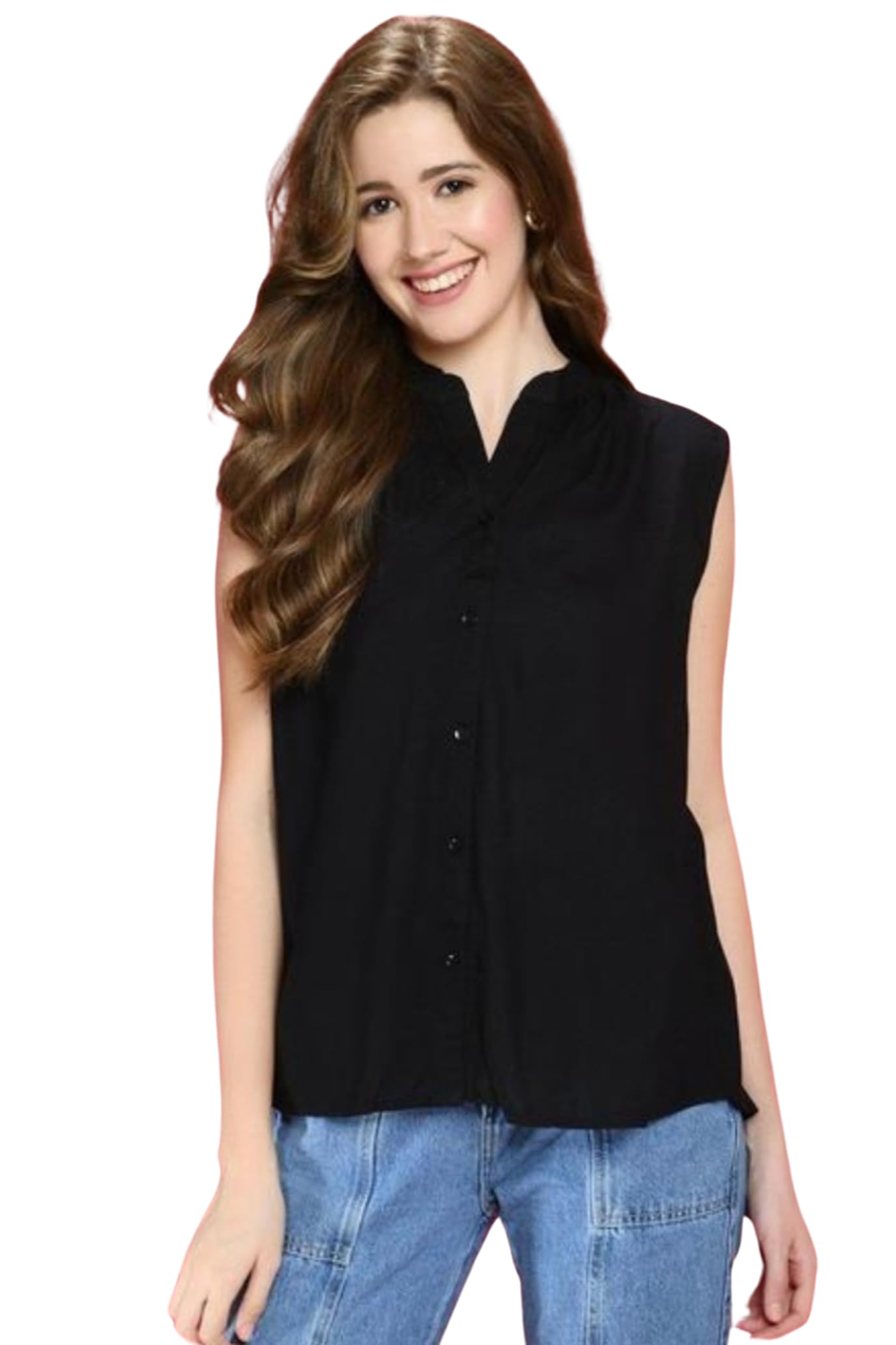 RR Fashion House Women's Sleeveless Solid Casual Top - Button Front Shirt for Everyday Wear | Perfect for Office, Outings & Summer Outfits