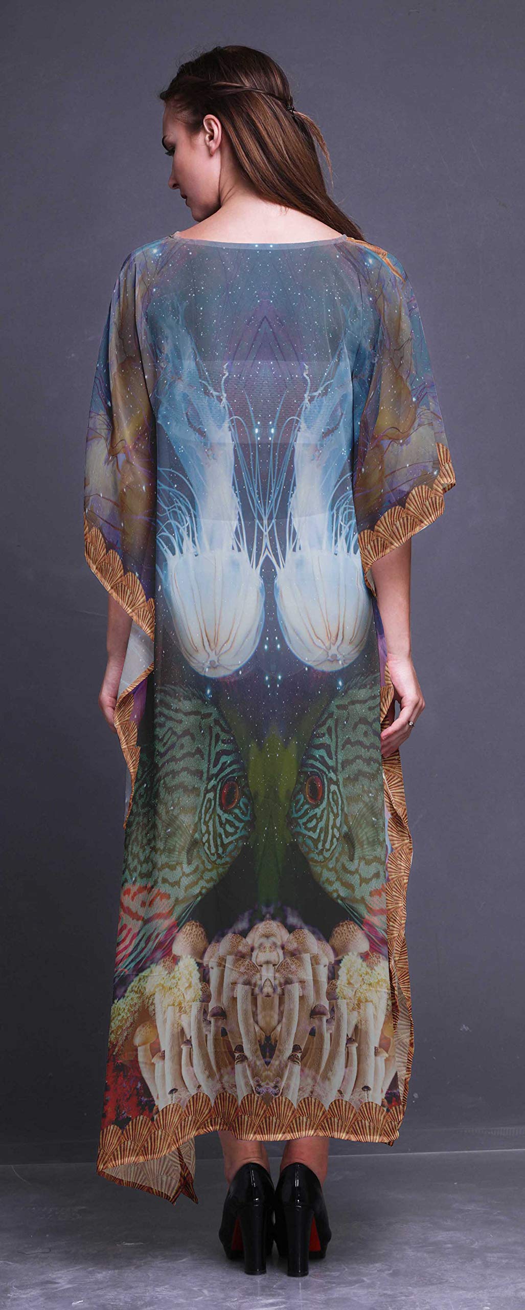 Stylish Clown Fish & Shell Print Ocean Beach Kaftan - Women's Bikini Cover Up Maxi Dress for Summer Vacations & Poolside Lounging