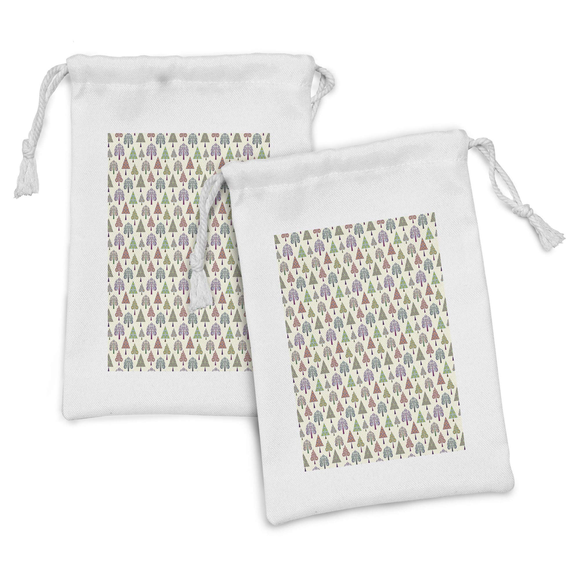 Ambesonne Geometric Forest Fabric Pouch Set of 2 - Tree Pattern Drawstring Bags with Spirals, Triangles & Circles on Off-White Background - 9