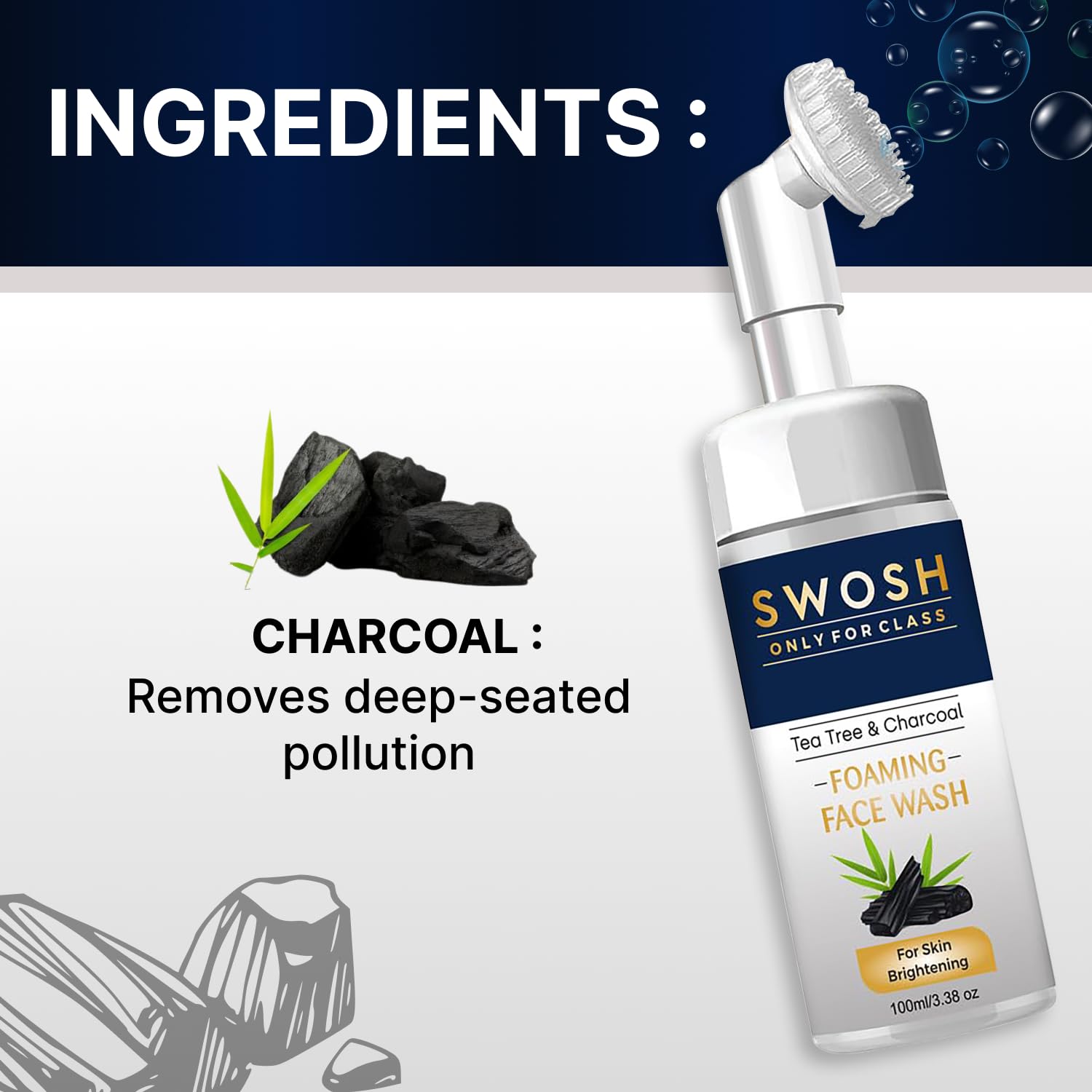 Swosh Activated Charcoal & Tea Tree Oil Face Wash 100ml with Built-in Silicone Brush | Deep Cleansing, Oil Control for Normal to Oily Skin - Gentle Exfoliating Facial Cleanser for Women & Men | Perfect for Daily Skincare Routine and Acne-Prone Skin