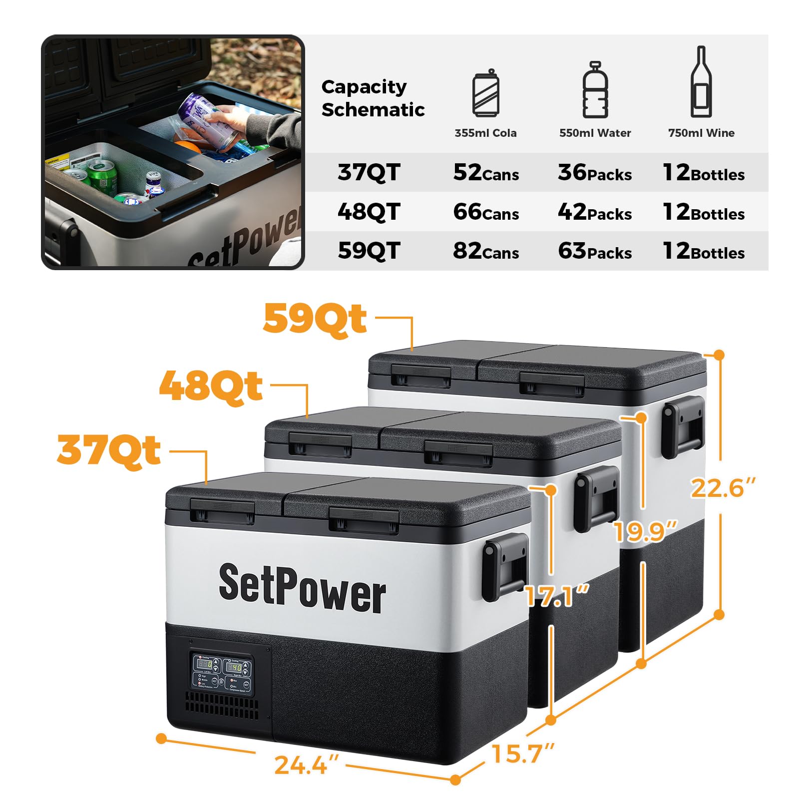 Setpower PT35 35L (37 Quart) Dual Zone Portable Car Refrigerator Freezer - 12V Electric Cooler for Camping, RV, Truck, Travel & Home Use - Temperature Range 0℉ to 50℉ - Perfect for Road Trips, Picnics & Outdoor Adventures