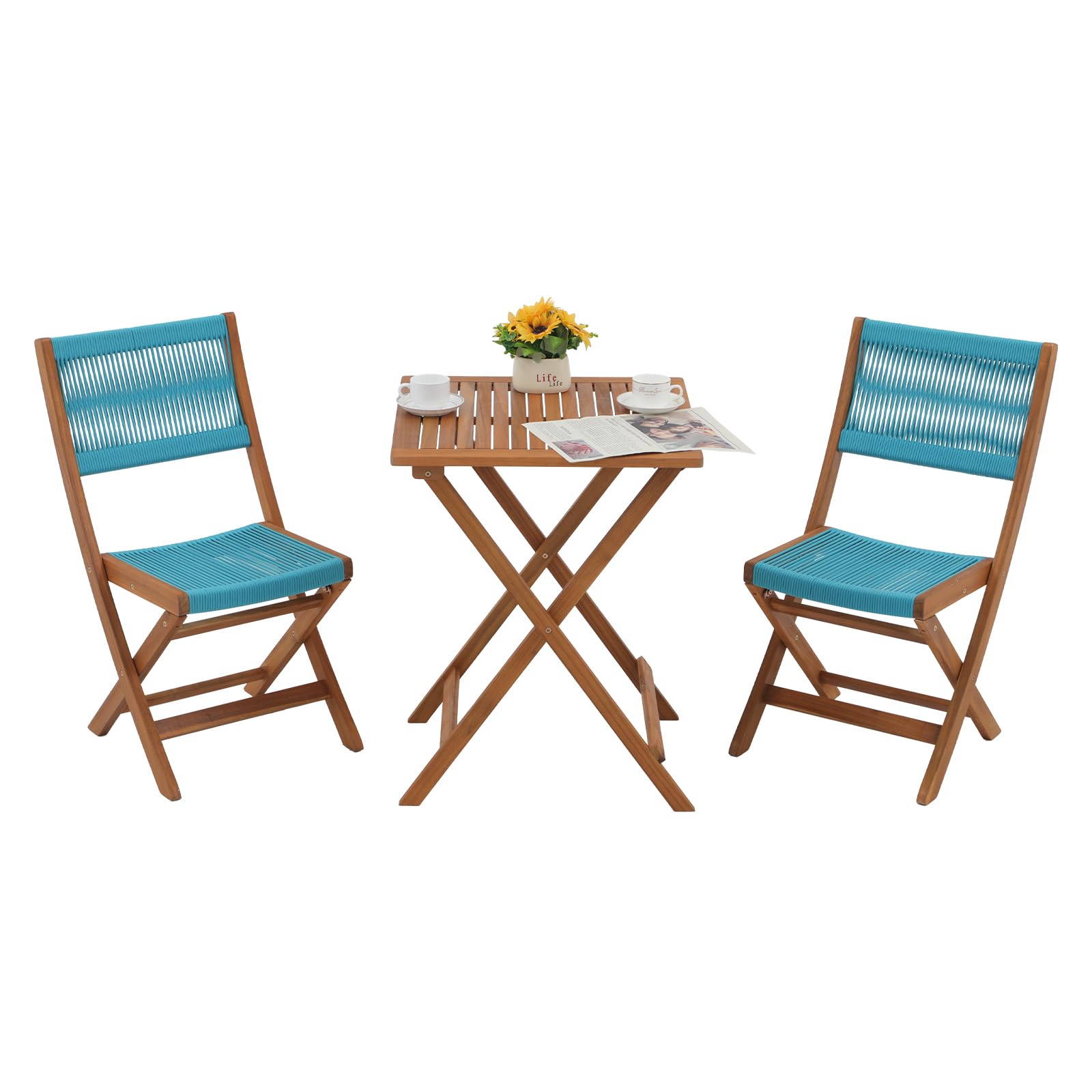 OC Orange-Casual 3-Piece Acacia Wood Patio Bistro Set - Compact Outdoor Square Table & 2 Chairs for Balcony, Porch, Deck & Yard - Weather-Resistant Blue Furniture for Small Spaces & Urban Living
