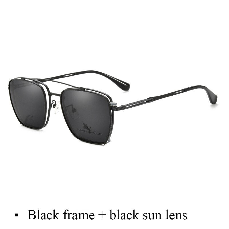Bclear Men's Full Rim Square Alloy Frame Eyeglasses with Clip-On Polarized Sunglasses - ZT95001 | Stylish UV Protection for Driving, Outdoor & Everyday Wear