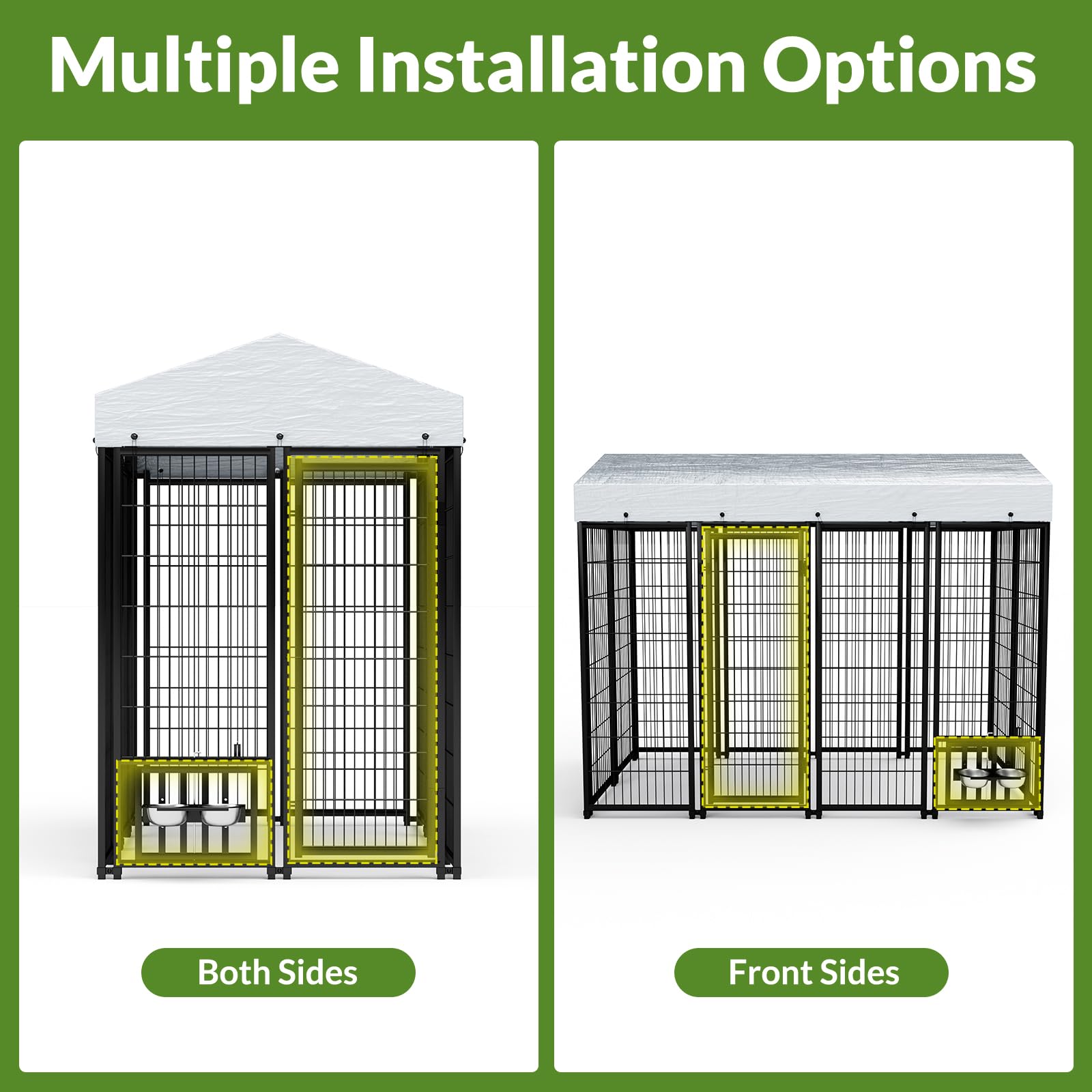 Rovibek Waterproof & Sun-Resistant Outdoor Dog Kennel with Roof - Covered Dog Run Enclosure Includes Feeding Bowls - Perfect for Backyard, Patio & Camping Use