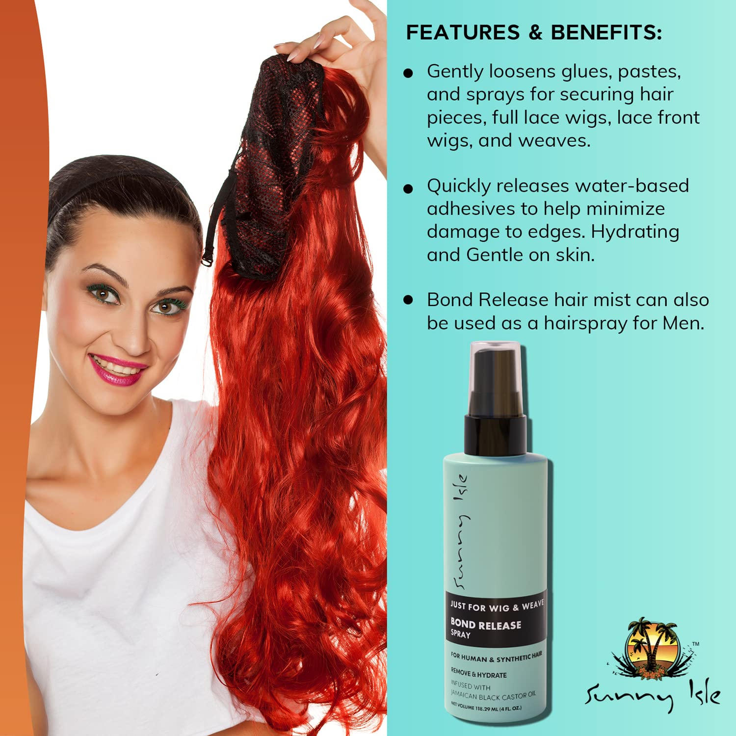 Sunny Isle Bond Release Spray for Wigs, Weaves, Braids & Extensions – 4oz | Works on Synthetic & Natural Hair | Jamaican Black Castor Oil Formula | Alcohol-Free Hairspray | Perfect for Salon, Styling & Hair Maintenance