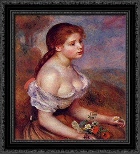 Pierre Auguste Renoir Young Girl With Daisies 20x22 Inch Black Ornate Wood Framed Canvas Art - Perfect for Living Room, Bedroom & Office Wall Decor