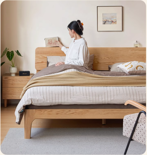 Solid Oak Rubber Wood Bed - Modern Nordic Style Queen/King Size Bed Frame for Bedroom, Living Room & Guest Room