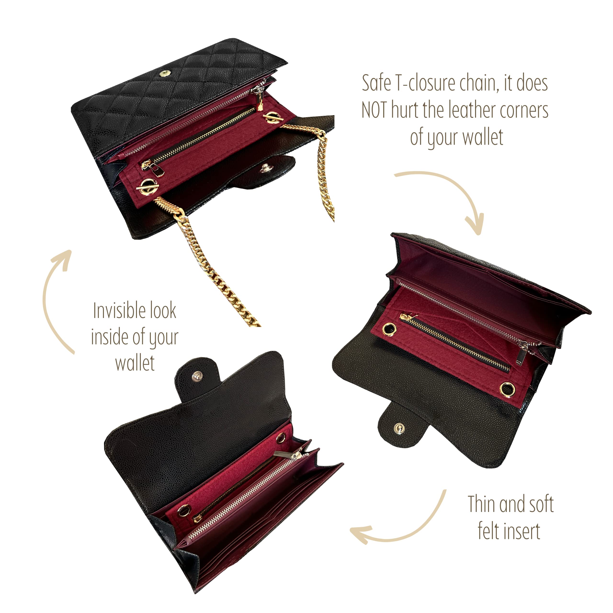 Long Wallet Conversion Kit for Long Flap Wallet Insert & Chain Strap - Gold/Silver Card Holder Crossbody Converter Kit with 120cm Leather Chain (Black) - Perfect for Everyday Use, Travel & Fashion Accessories