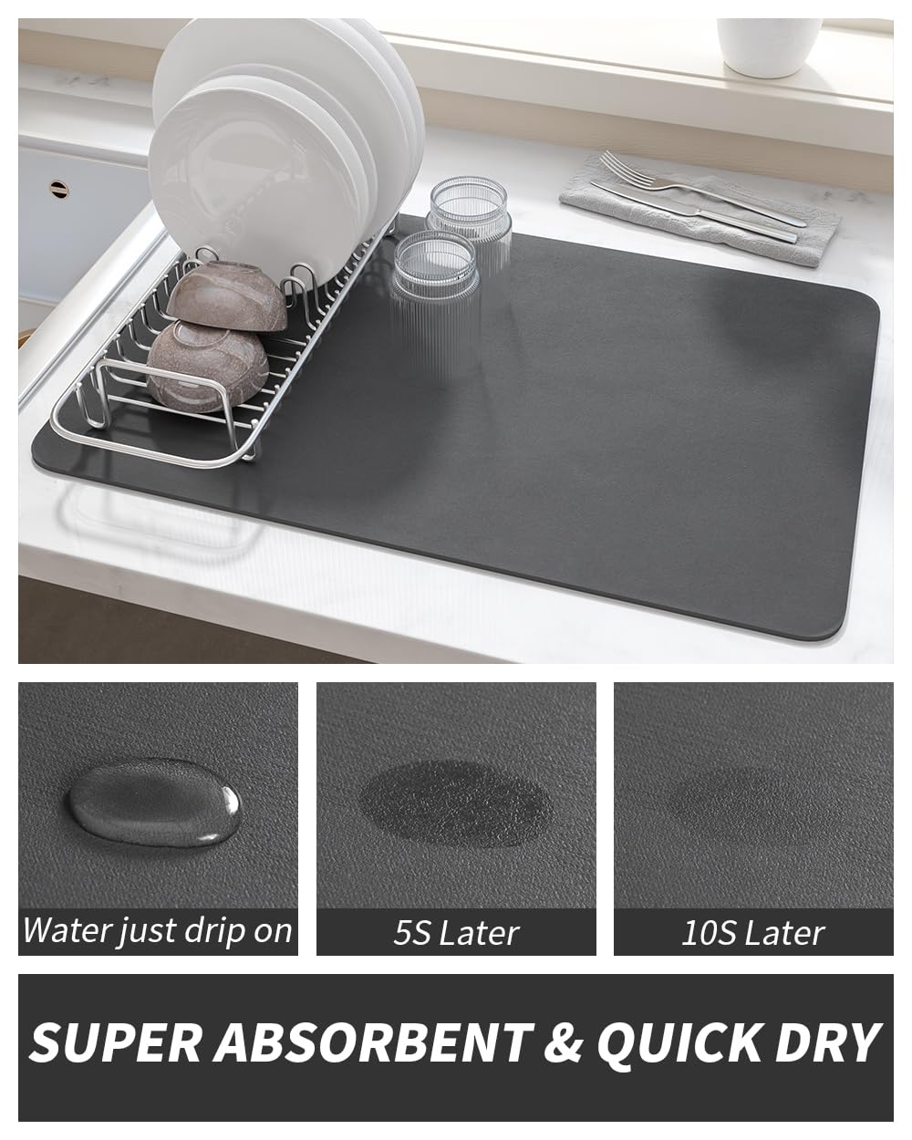 AMOAMI Non-Slip Absorbent Coffee Mat - Stain Hiding Kitchen Counter Drying Mat with Rubber Backing, Fits Under Coffee Makers, Espresso Machines & Dish Racks | Perfect for Coffee Bars, Kitchens & Office Break Rooms