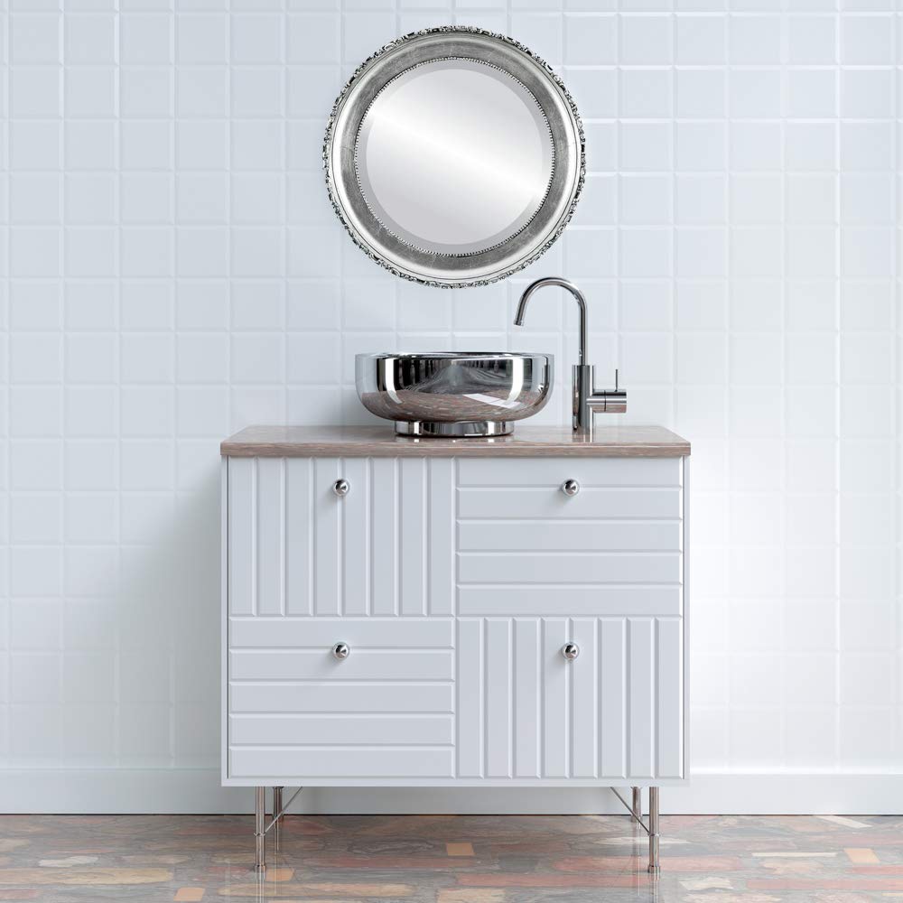 Ovalcrest 33x33 Inch Round Wooden Beveled Wall Mirror - Silver Leaf & Black Antique Finish - Elegant Home Decor for Bathroom, Vanity, Bedroom, Living Room & Hallway - Perfect for Makeup, Dressing & Interior Design