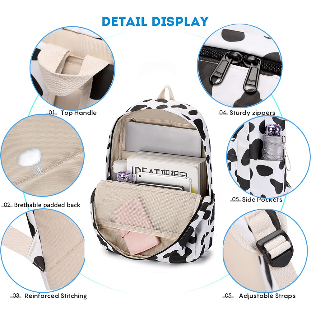 **Cow Print Backpack for Teen Girls - Lightweight High Capacity School Backpack with Lunch Bag 3-Piece Set (Cute Cow Pattern) - Perfect for Middle School, Travel & Daily Use**